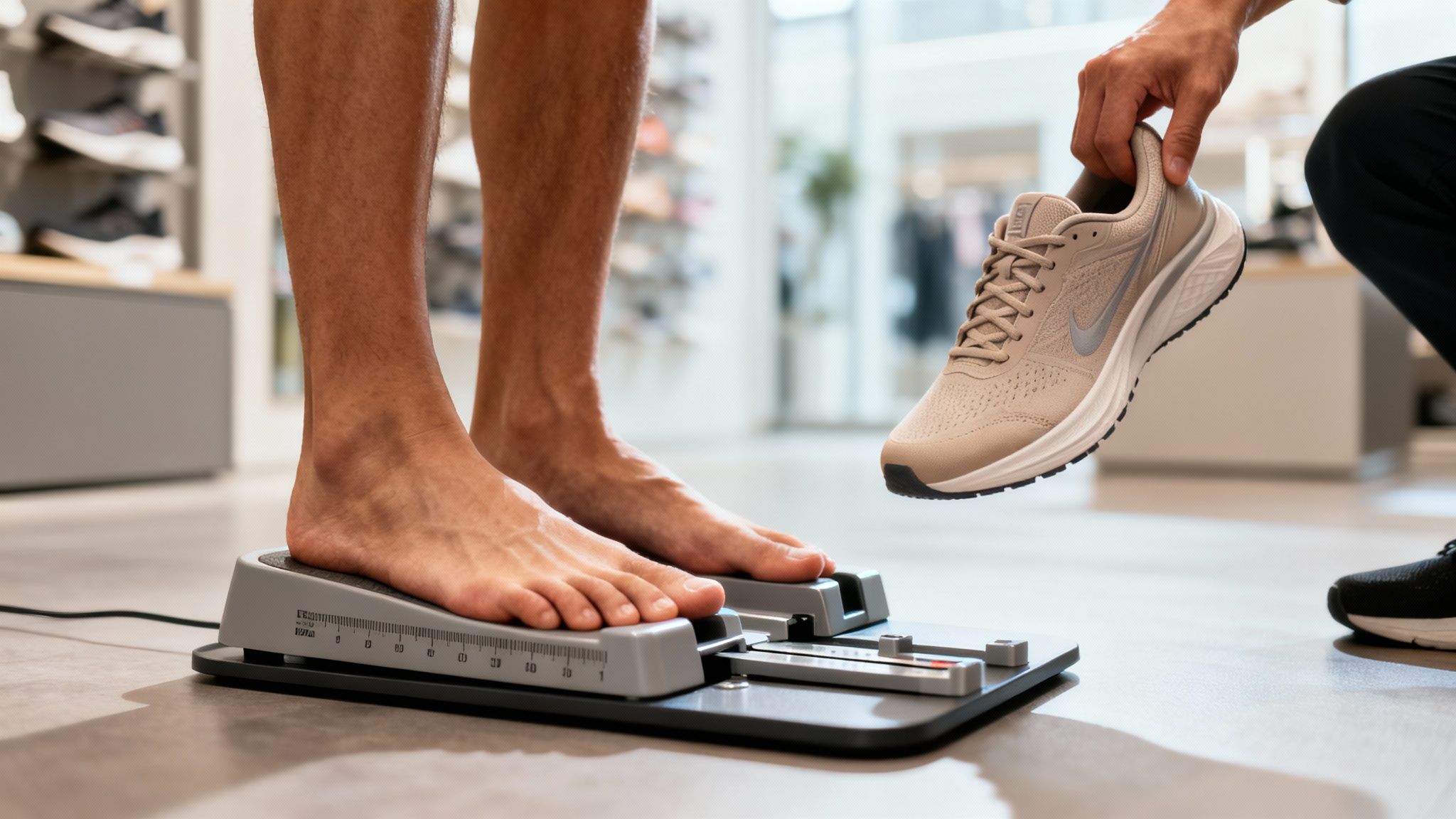 Feet on a foot measuring device, hand holding beige sneaker. Shoe store setting with blurred racks in the background.