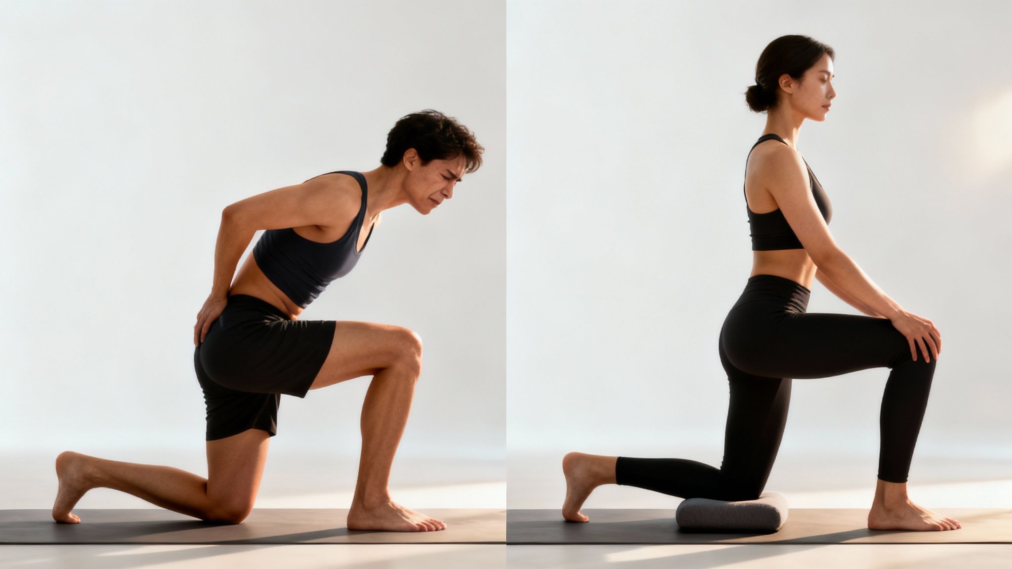 Man grimacing with back pain, kneeling on mat. Woman kneeling on cushion, calm expression. Light background, both in black workout attire.