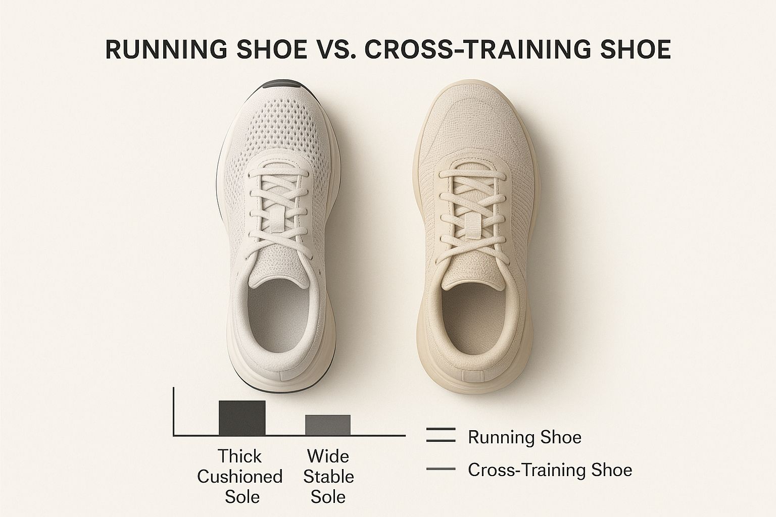 Two shoes compared: a running shoe with thick cushioned sole, and a cross-training shoe with wide stable sole. Text labels included.