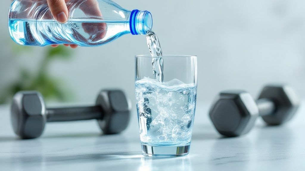 A hand pours water from a bottle into a glass. Two dumbbells are in the blurred background on a light surface, creating a refreshing scene.