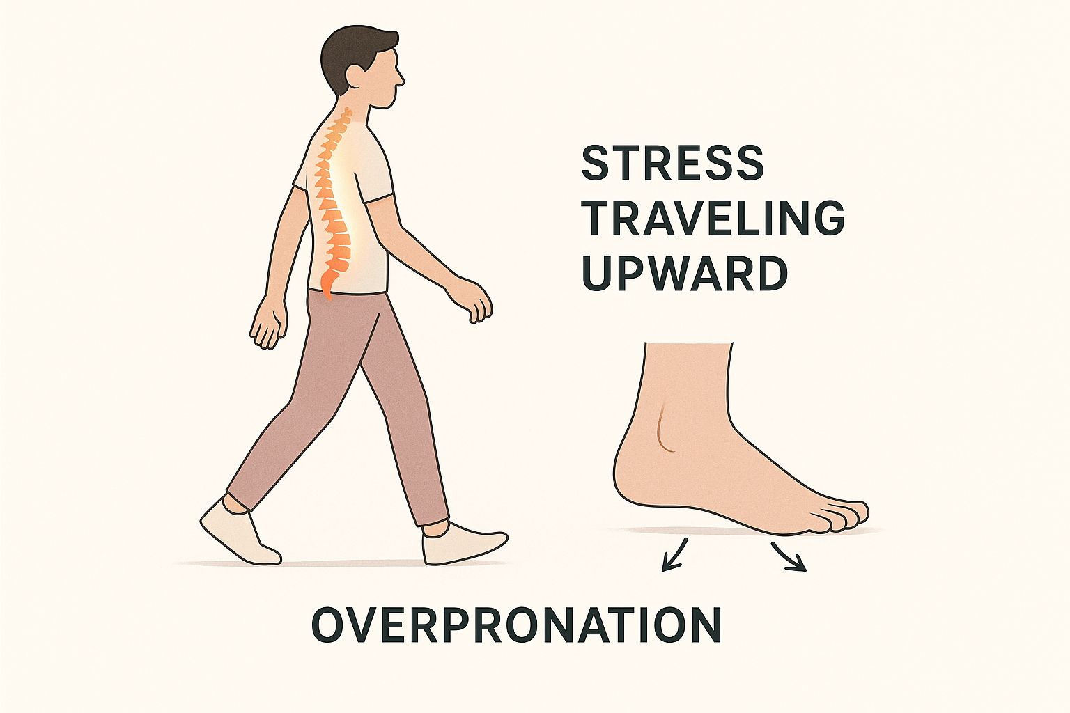 Man walking with spine highlighted, illustrating stress from foot overpronation. Text: "Stress Traveling Upward" and "Overpronation".