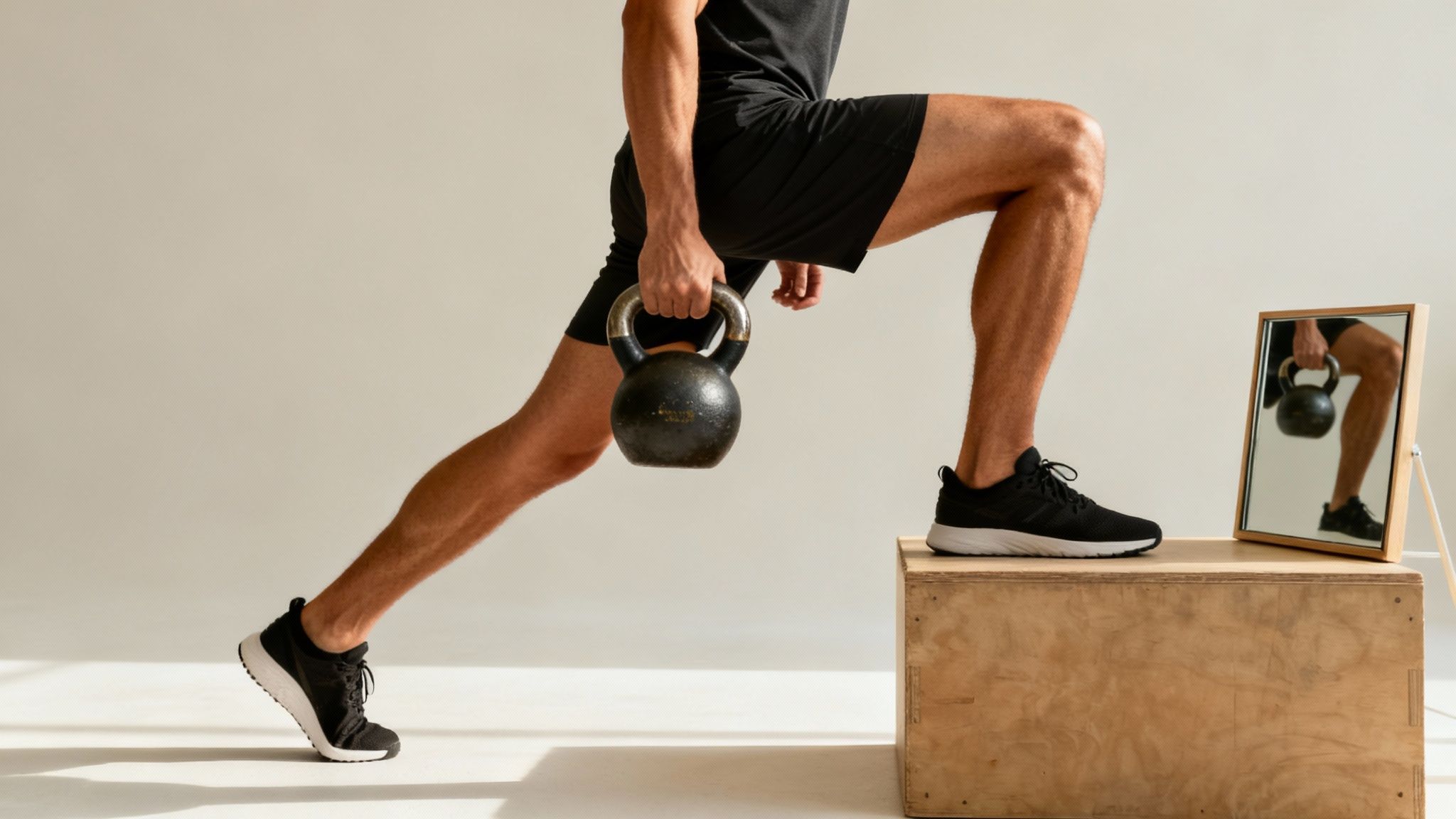 A female runner smiling while doing squats with a barbell in a gym.