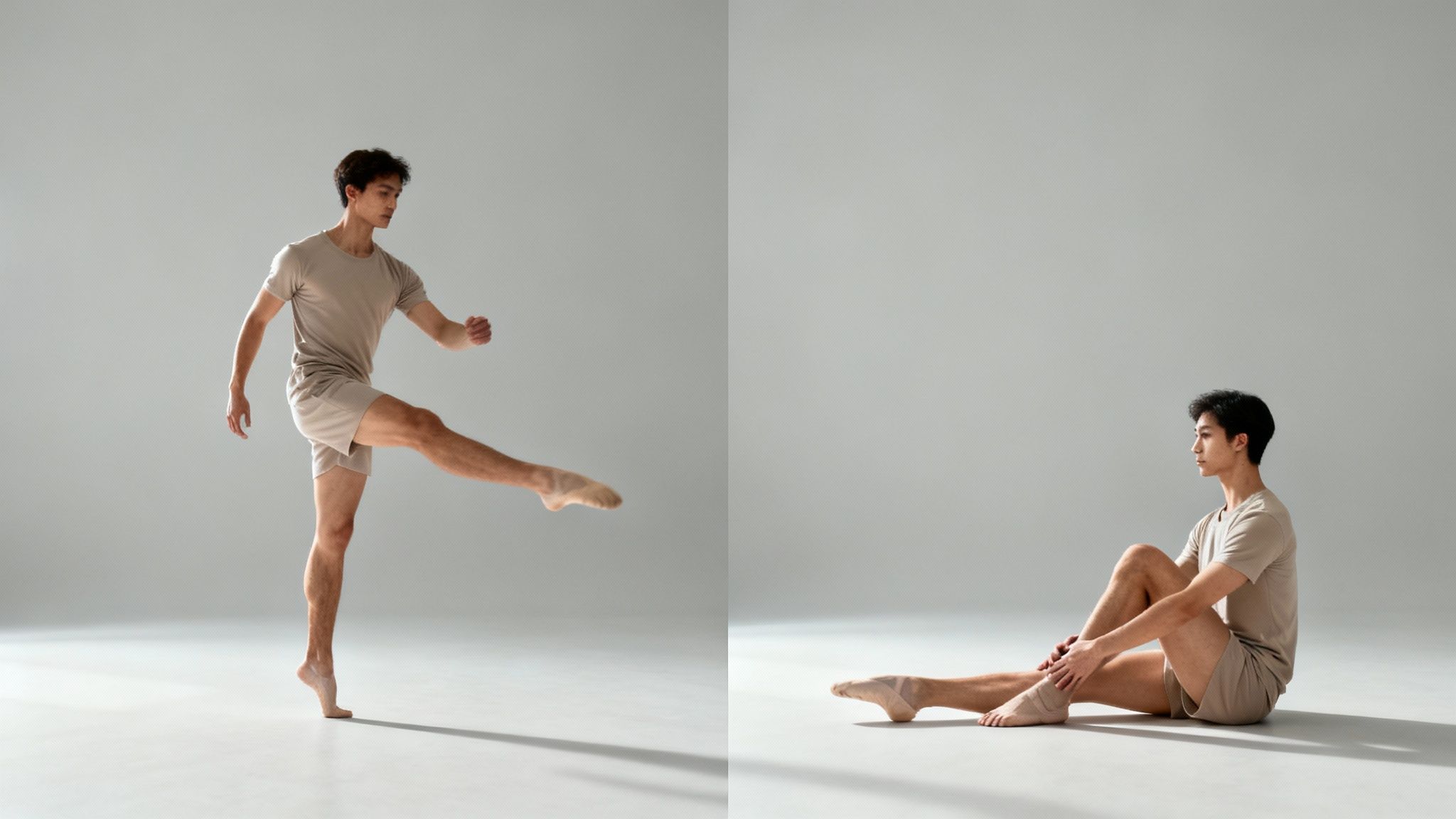 A person performing a dynamic leg swing stretch outdoors.