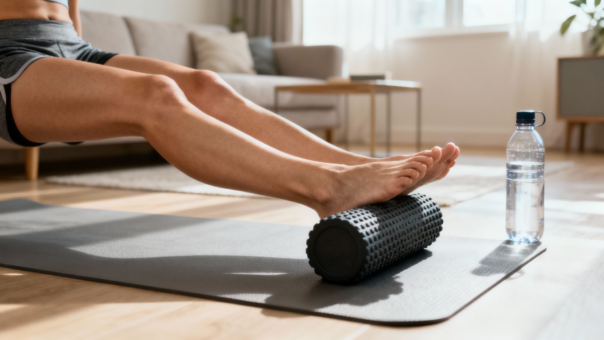 A runner foam rolling their leg on a yoga mat after a workout