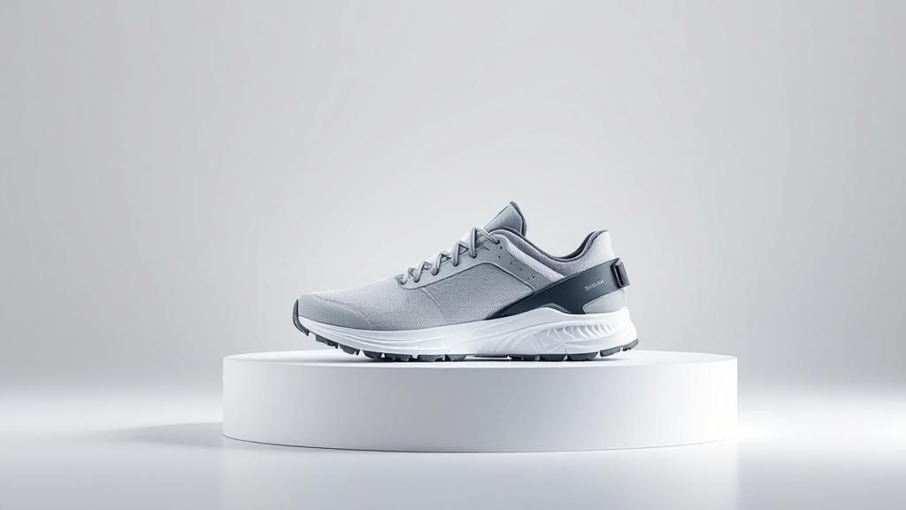 A gray sneaker on a white pedestal in a minimalistic setting. The sneaker has a sleek design with dark accents, conveying a modern feel.