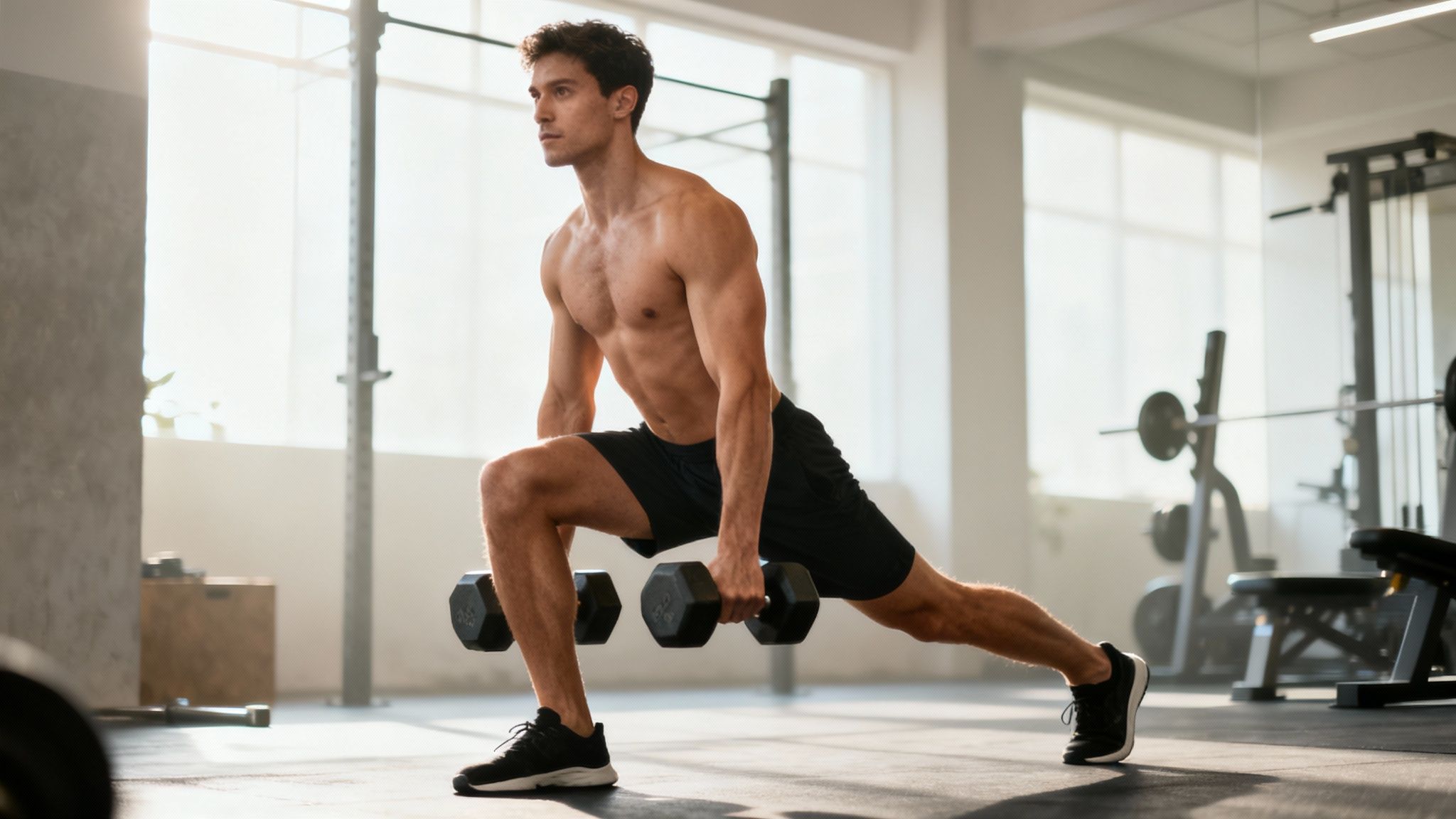 Fit man shirtless doing a lunge exercise with dumbbells in a well-lit gym.