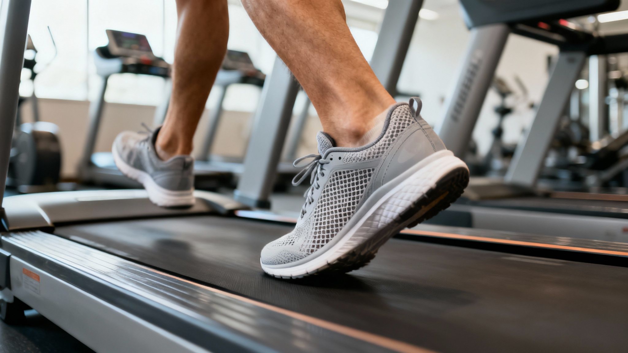 Close-up of a person running on a treadmill in a gym. Wearing gray sneakers. Other treadmills blurred in the background.