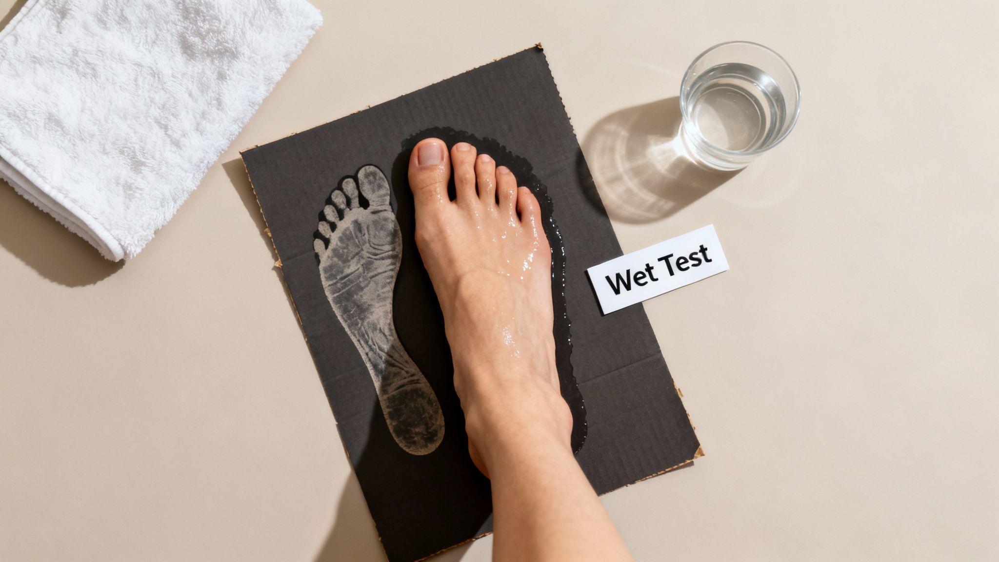 Overhead view of a person performing a wet test on cardboard to analyze foot arch and pronation.