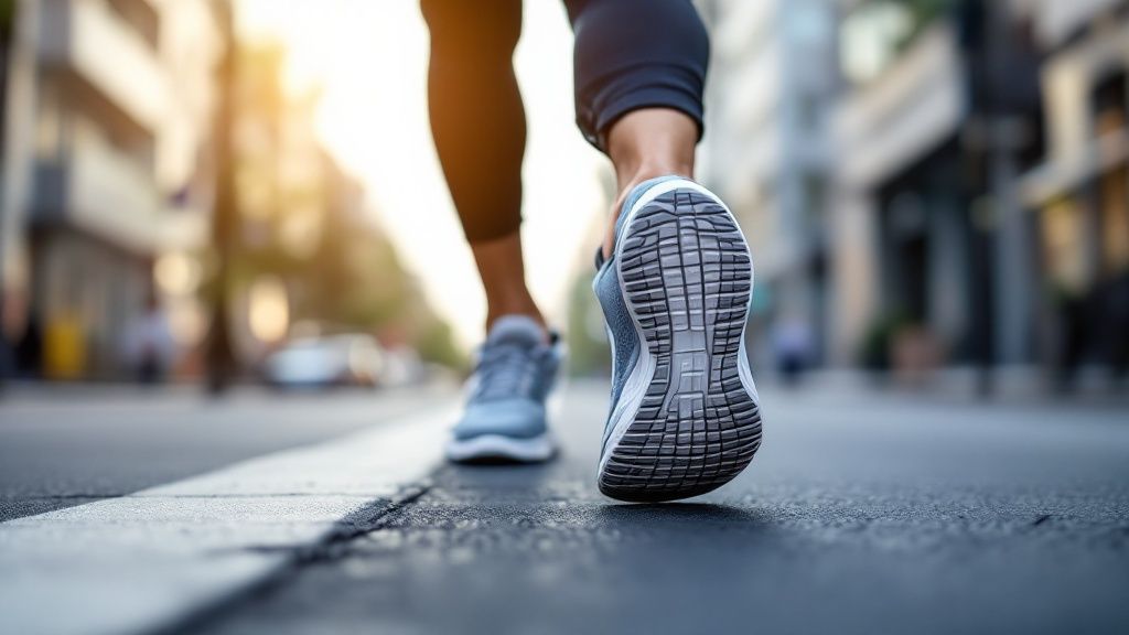 Runner's legs in sneakers on urban street, focus on sole, sunny morning light and blurred city buildings in background. Dynamic and active mood.