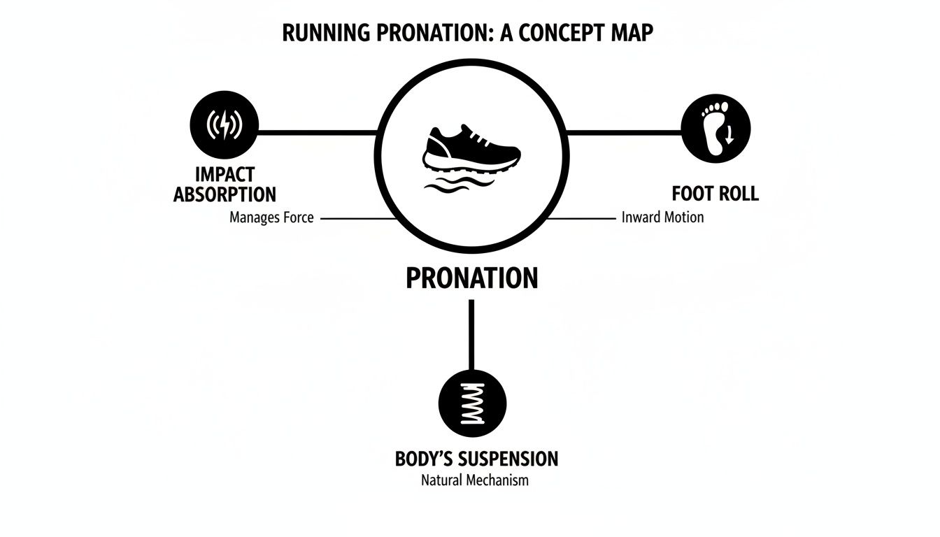 A concept map illustrating running pronation, connecting it to impact absorption, foot roll, and body's suspension.