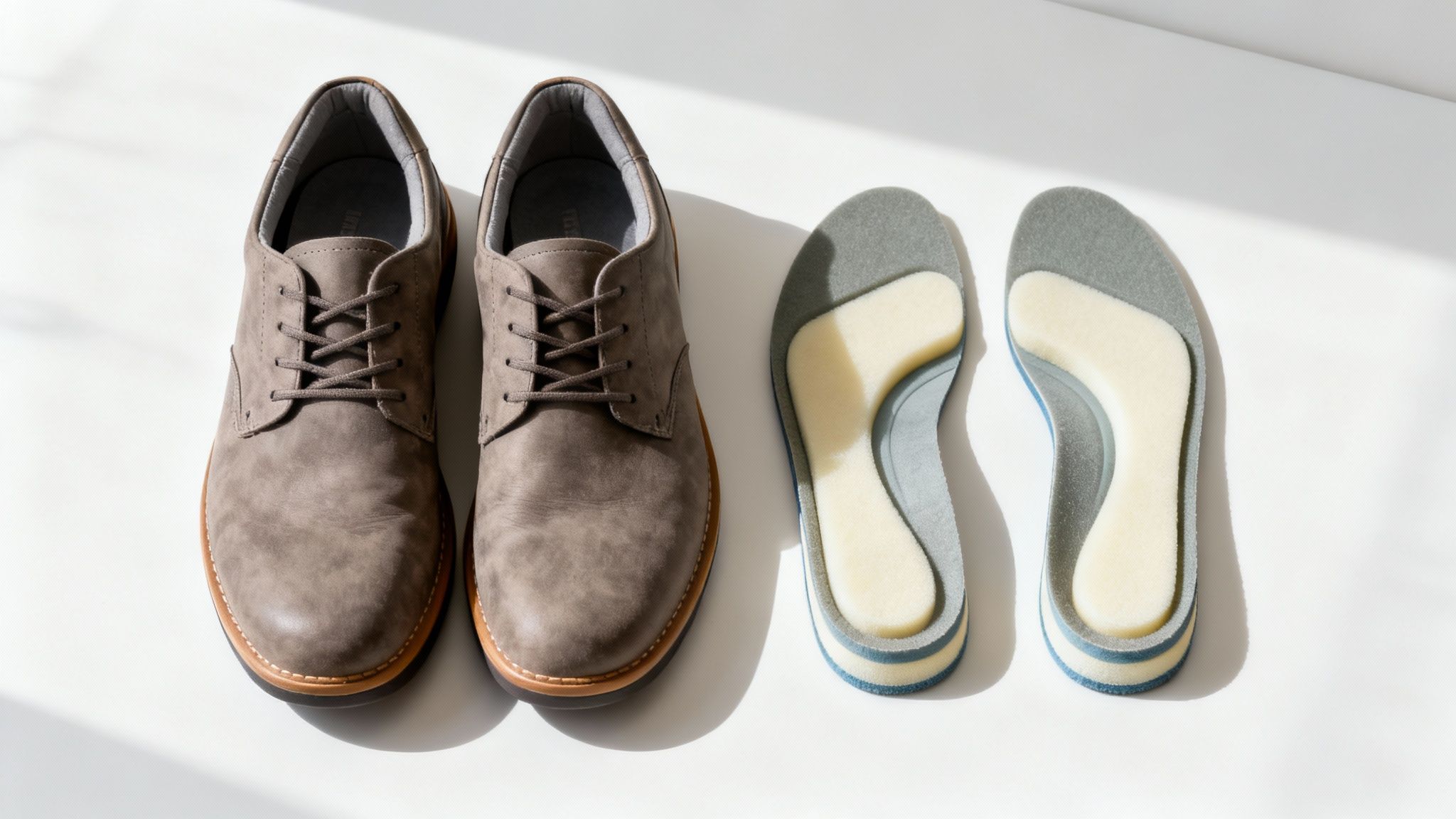 Brown leather shoes and beige insoles on a sunlit white surface. Shadows hint at a calm, minimalist setting.