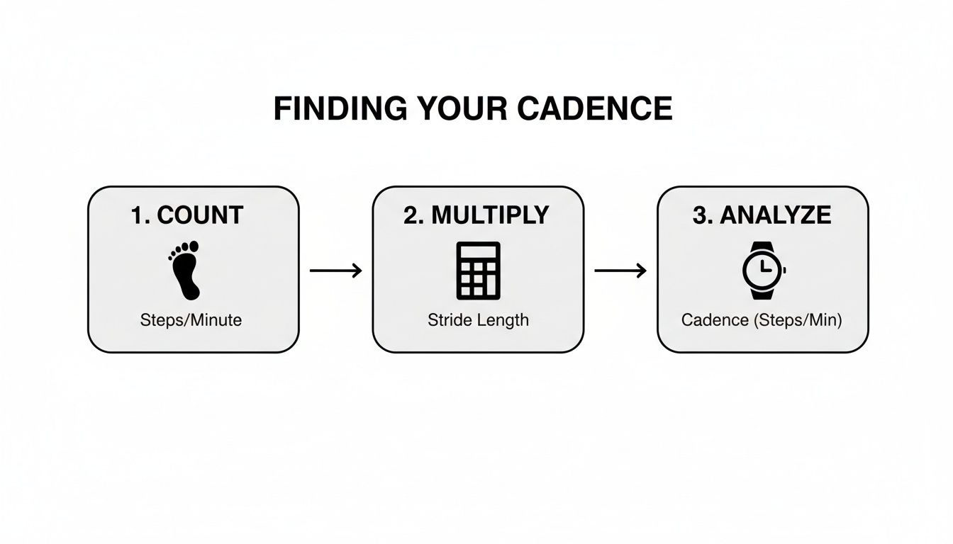 A three-step infographic detailing how to calculate running cadence: count steps, multiply, and analyze.
