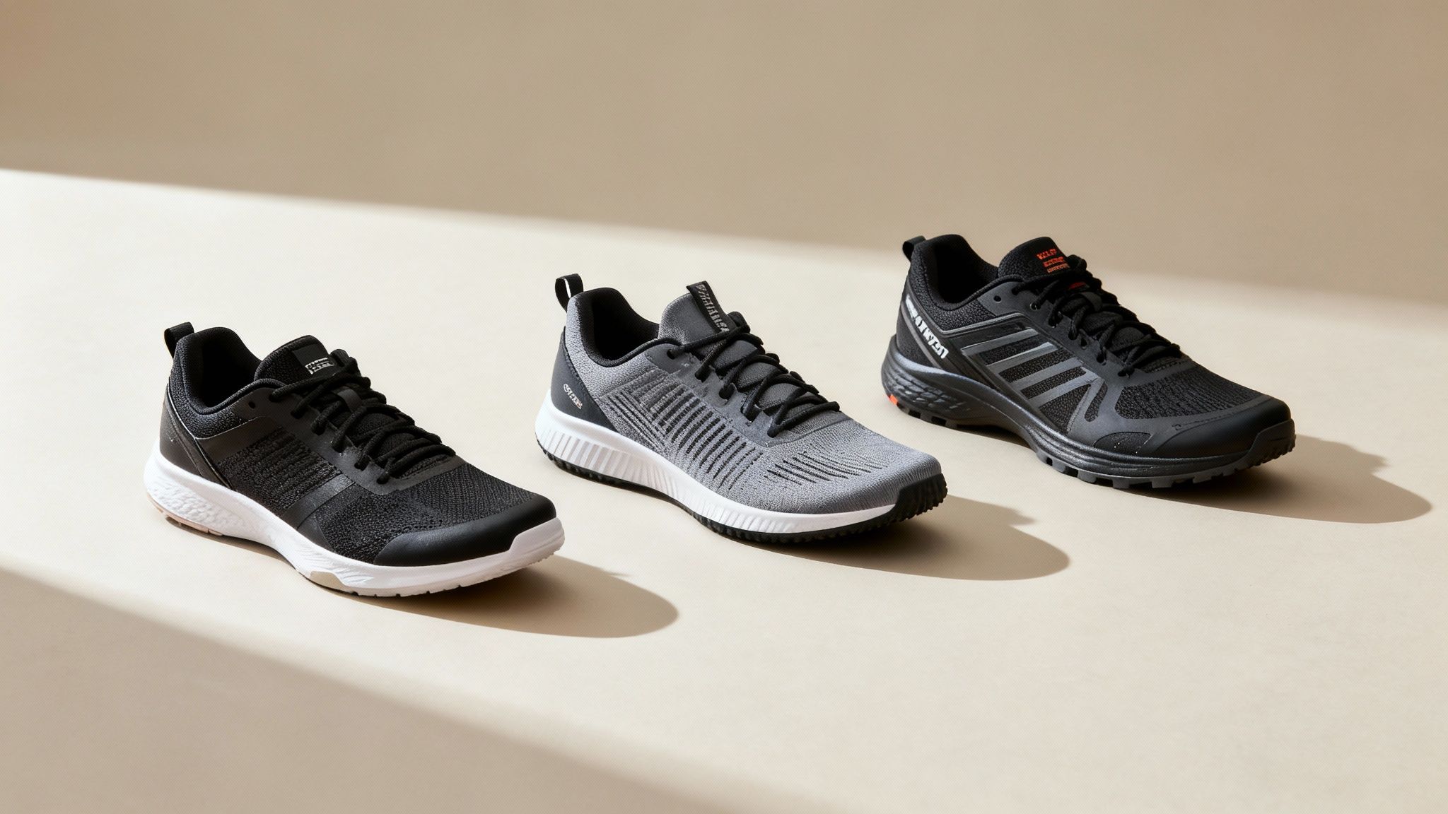 Three athletic training shoes in black and grey, displayed on a light background with shadows.