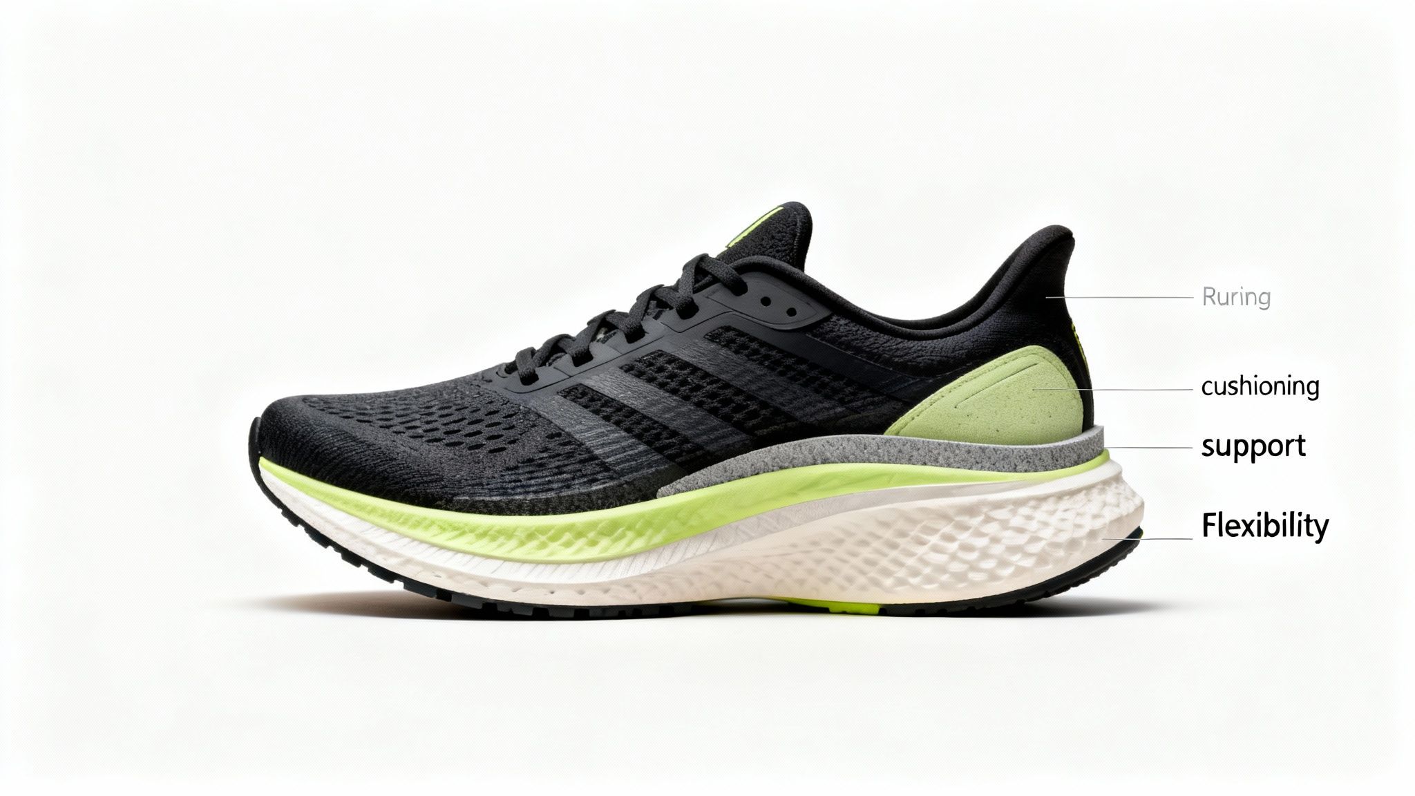 Black and lime green running shoe on a white background, with text highlighting features: cushioning, support, and flexibility.