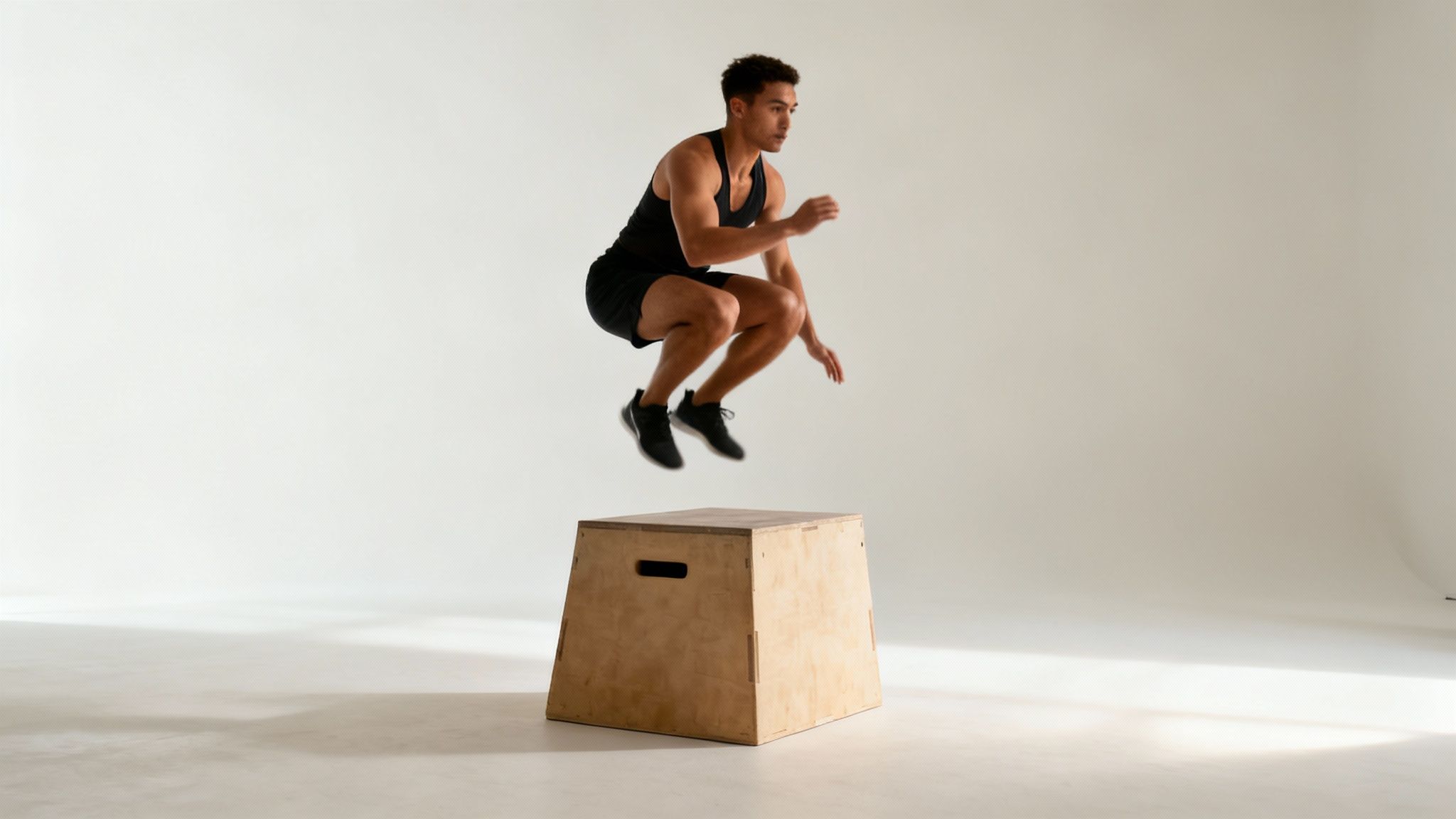 A fit man in black athletic wear jumps onto a wooden box, mid-air during a workout.
