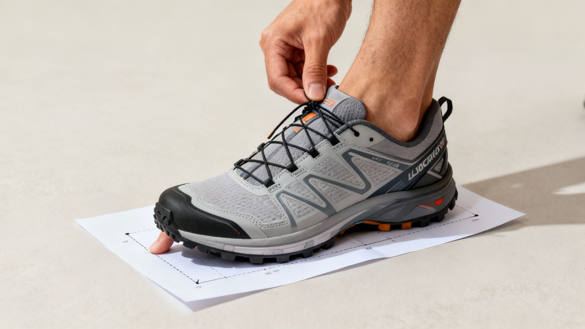 A person trying on a trail running shoe in a store