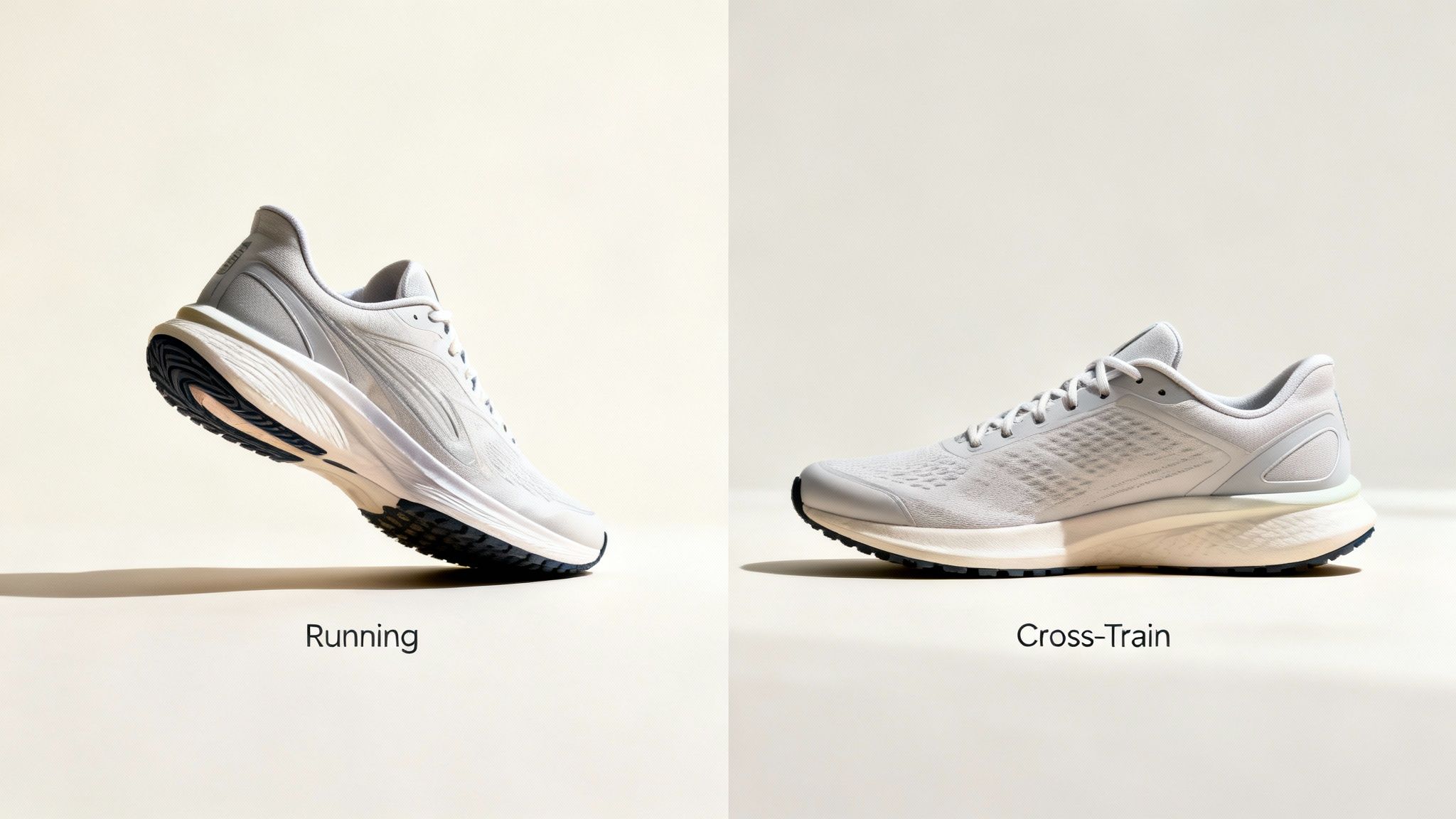 Two light grey athletic shoes, one designed for running and another for cross-training, on a pale background.