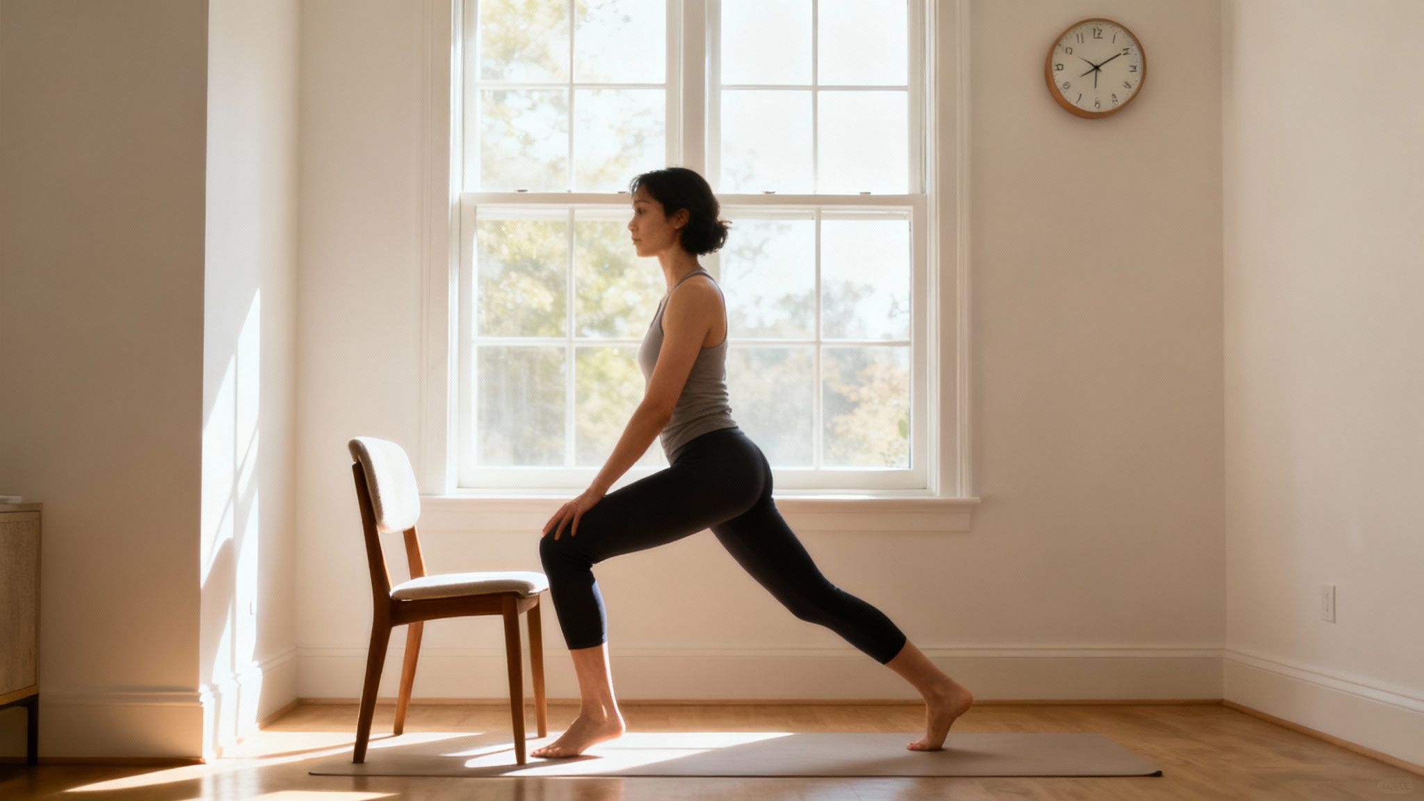 Woman doing lunges using a chair for support in a bright room. Sunlit window in the background. Wall clock shows time. Calm and focused mood.