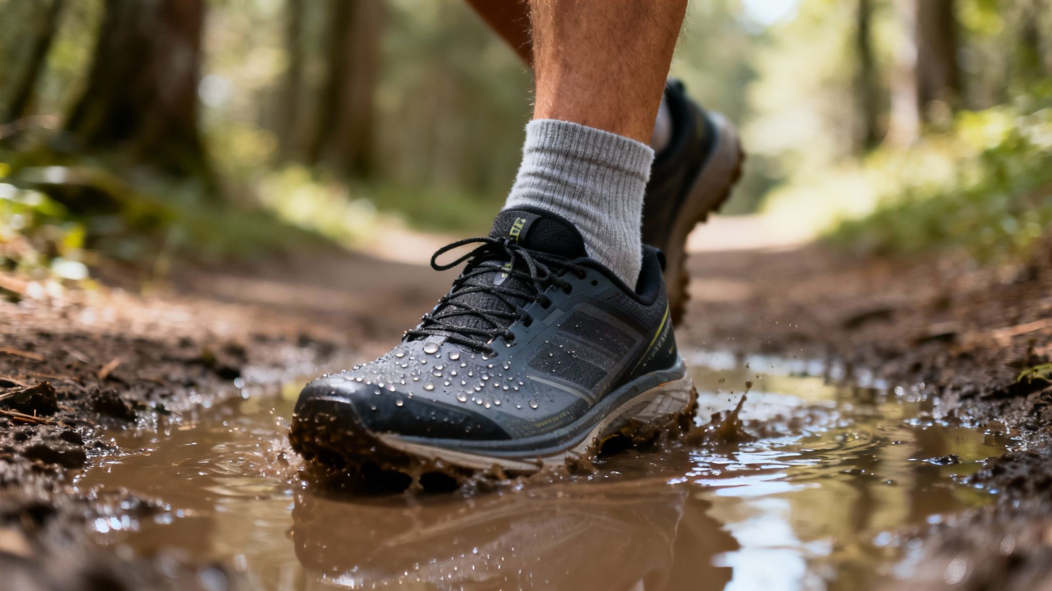 A close-up of a person wearing a black waterproof trail running shoe, stepping into a muddy puddle, splashing water.
