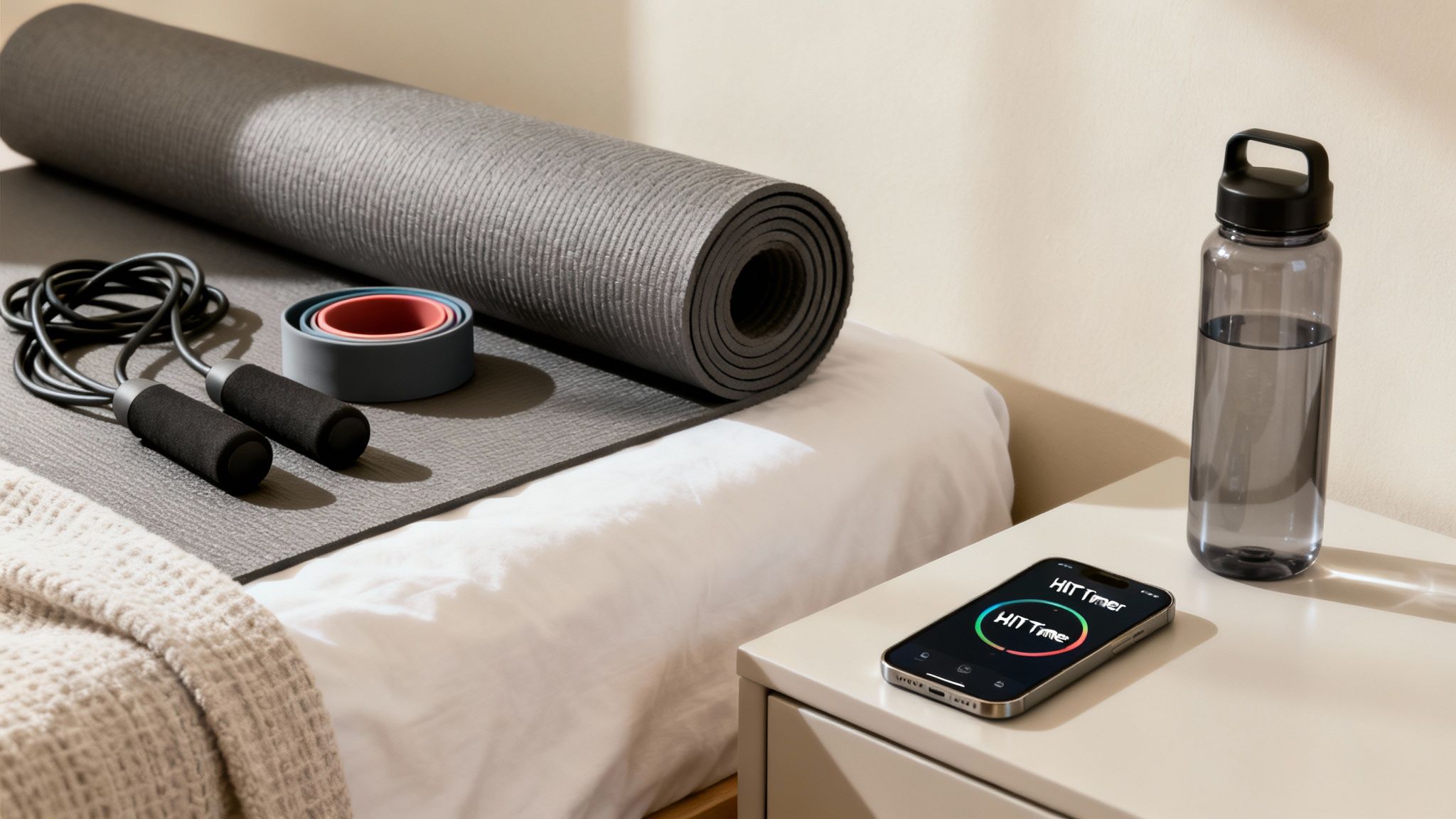 A home workout setup with a yoga mat, jump rope, resistance bands, water bottle, and phone.