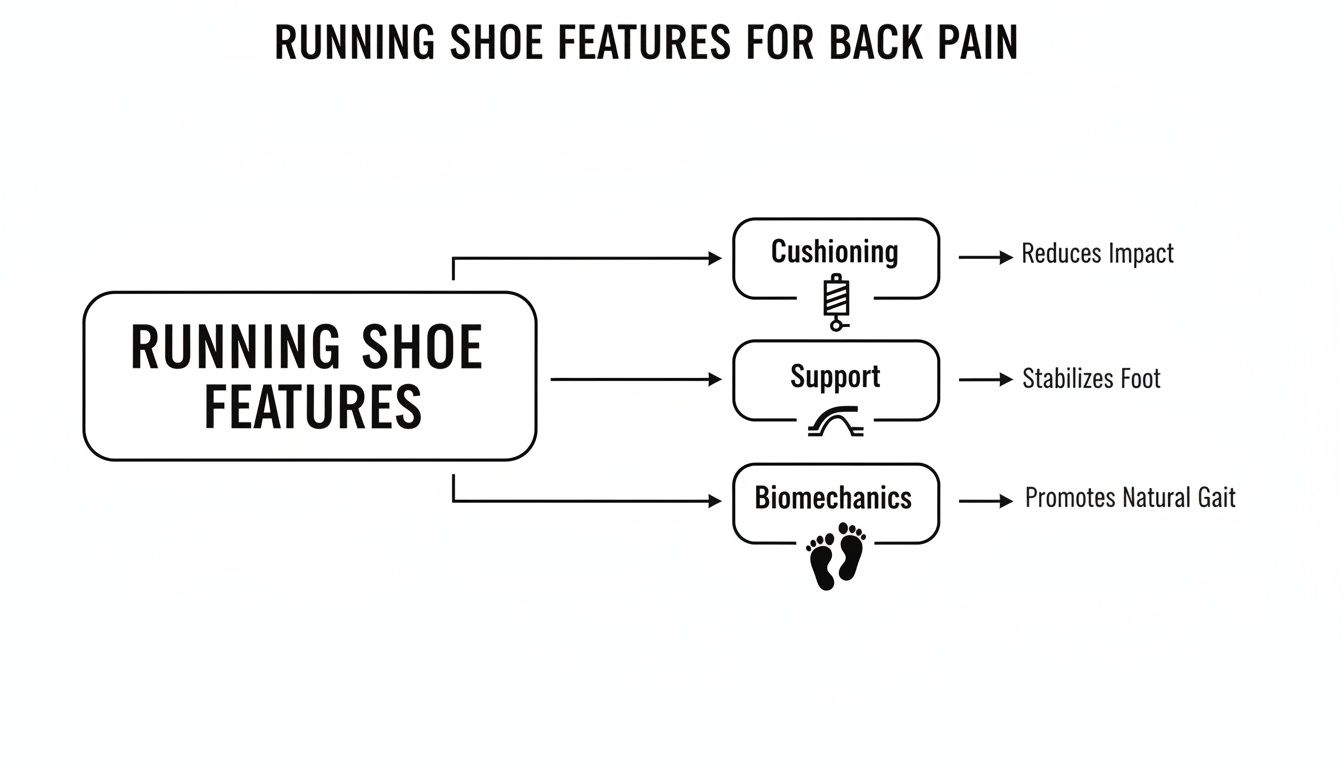 Diagram illustrating running shoe features like cushioning, support, and biomechanics to help with back pain.