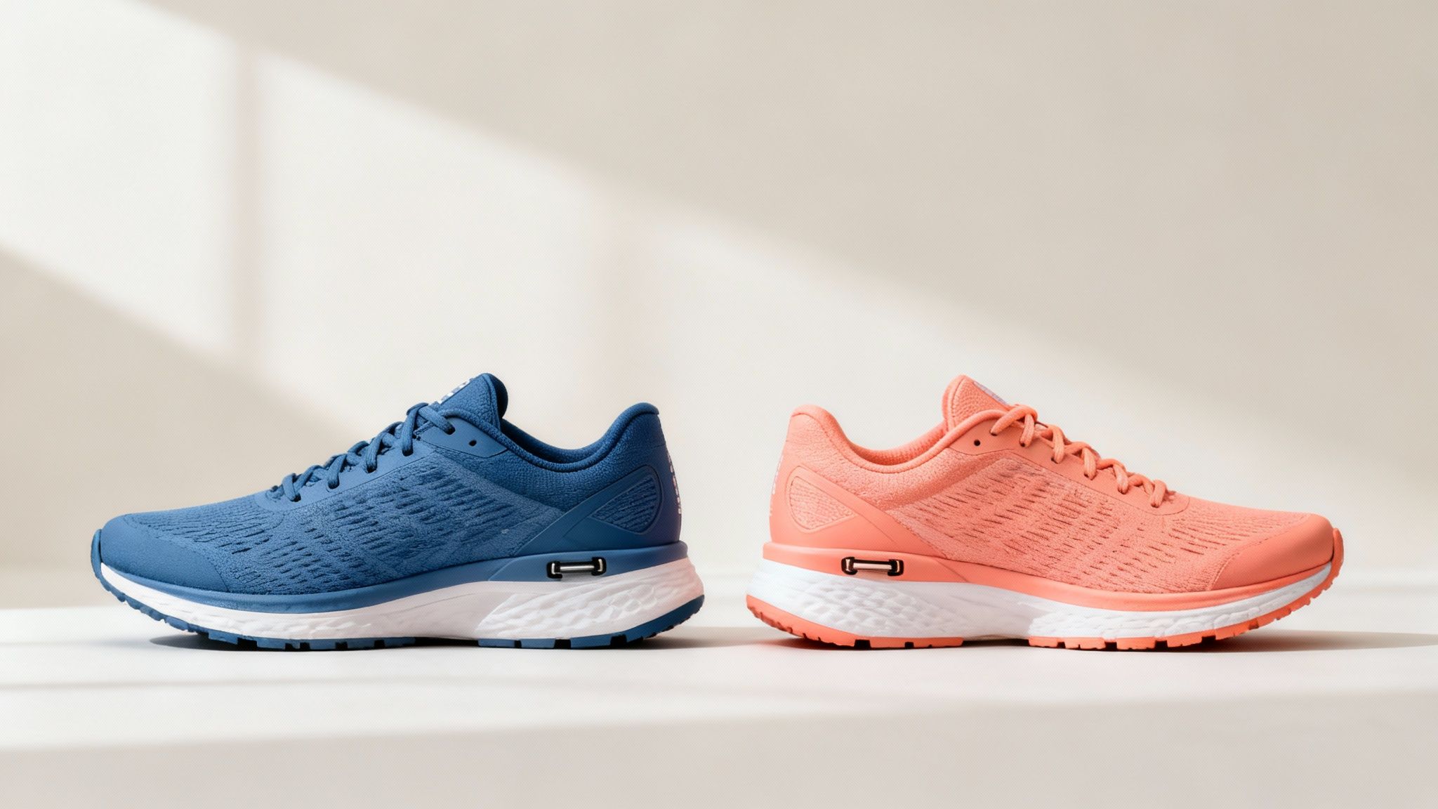 Two pairs of running shoes, one blue and one peach, side-by-side on a light background.
