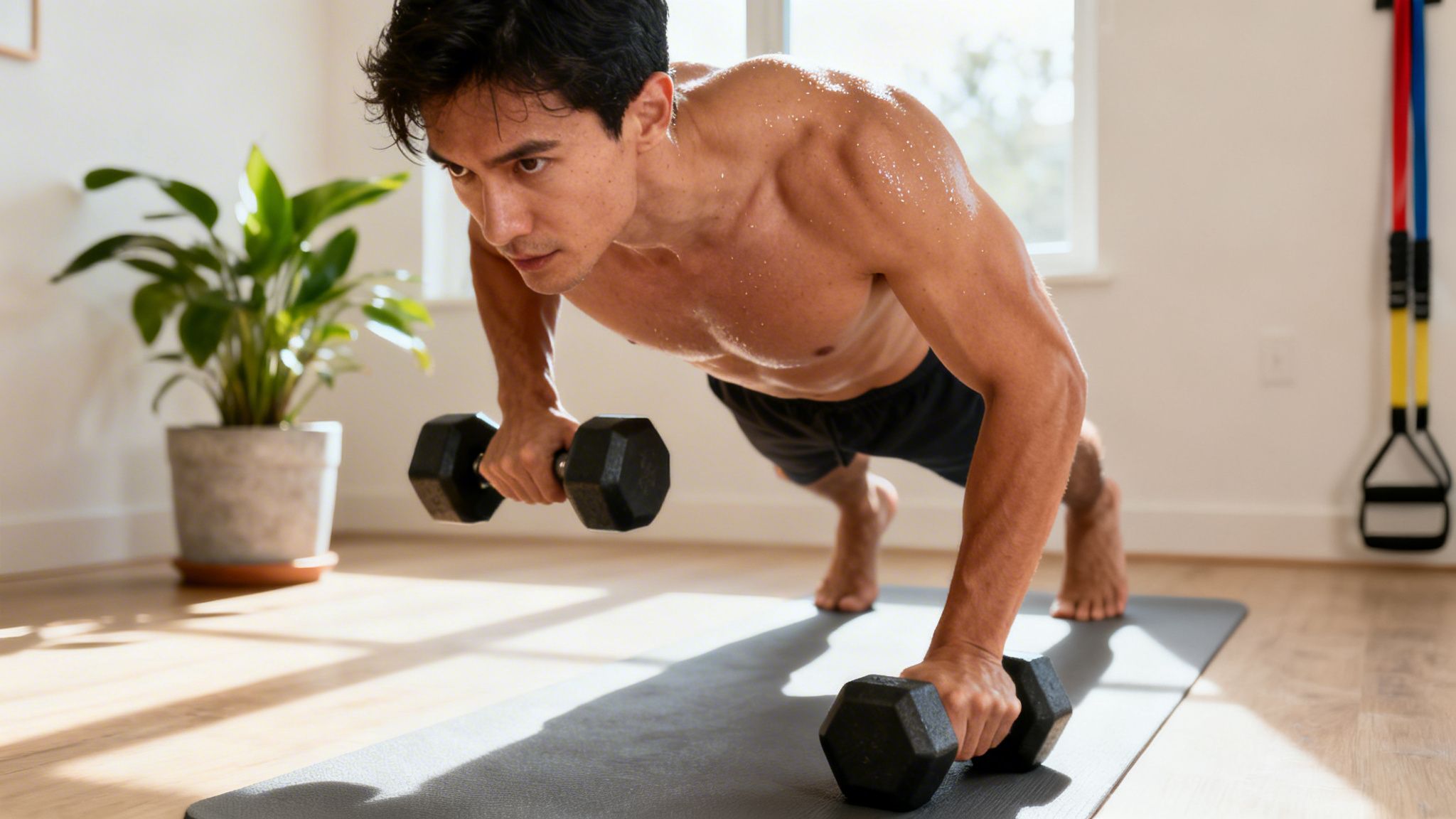 Man doing dumbbell arm raises in a push-up position