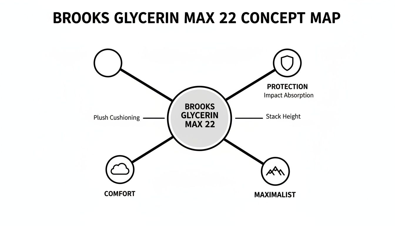 Brooks Glycerin Max 22 concept map illustrating plush cushioning, protection, comfort, and maximalist features.