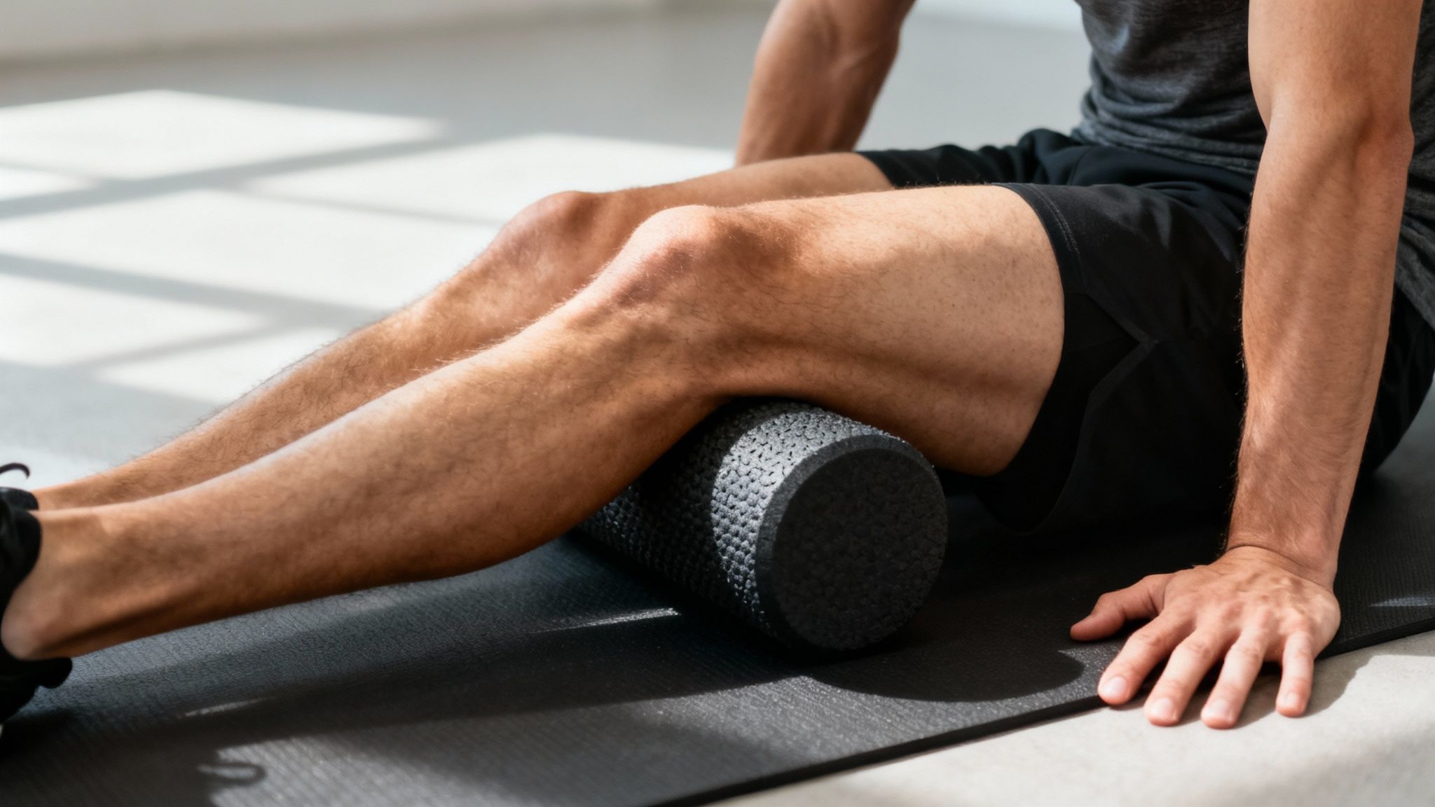 A man foam rolling his thighs on a yoga mat for muscle recovery and mobility.