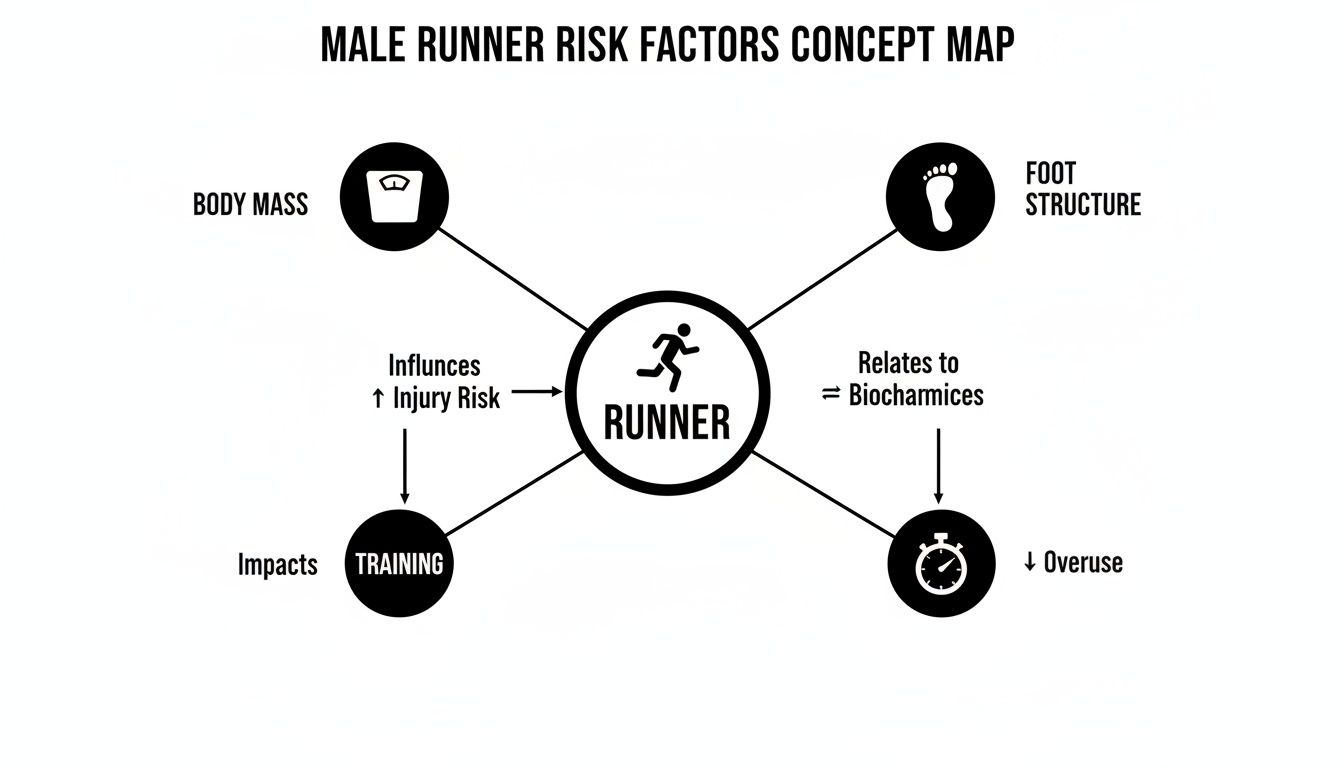 A concept map illustrating male runner risk factors, including body mass, foot structure, training, and overuse.