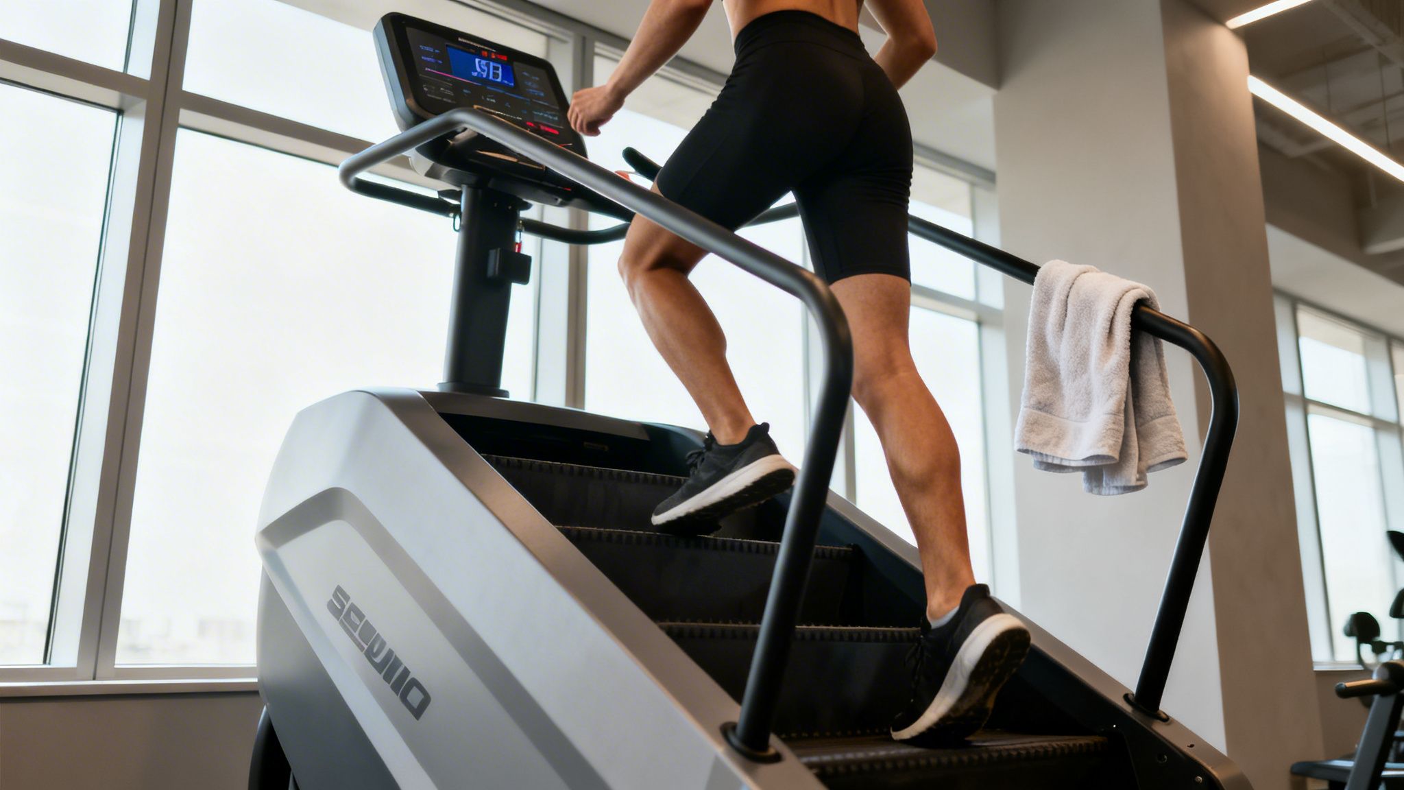 A man doing a StairMaster in the gym in front of a window with a towel on the railing of the StairMaster dressed in gym gear.