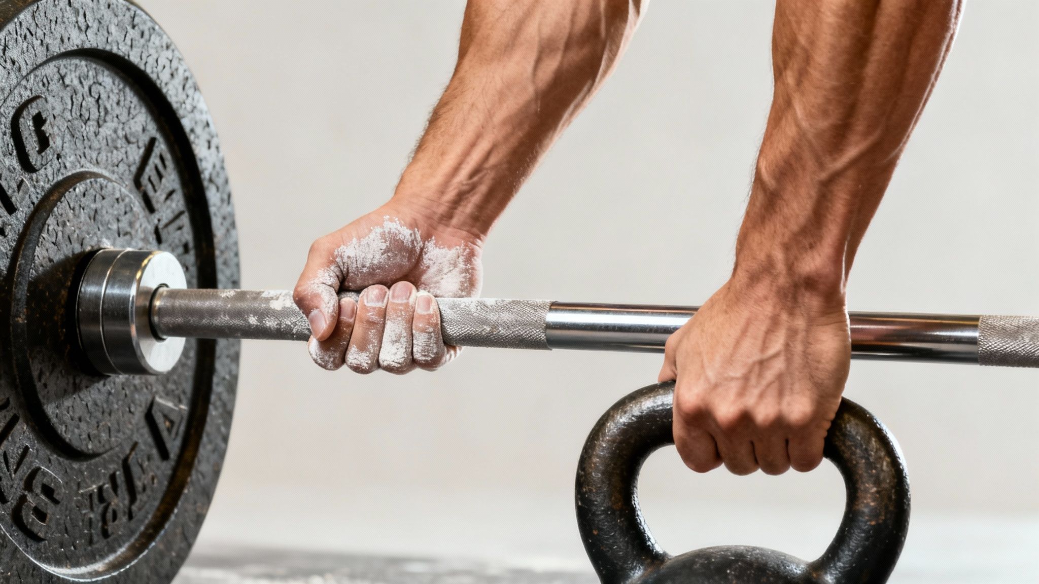 man holding a weighted barbell and a kettlebell with chalked hands