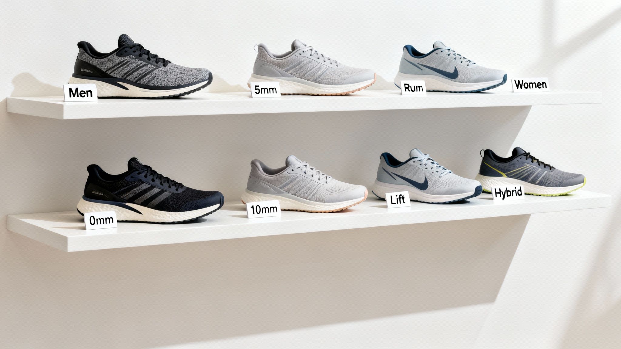 Eight pairs of running shoes with labels showing different heel-to-toe drops and types on white shelves.