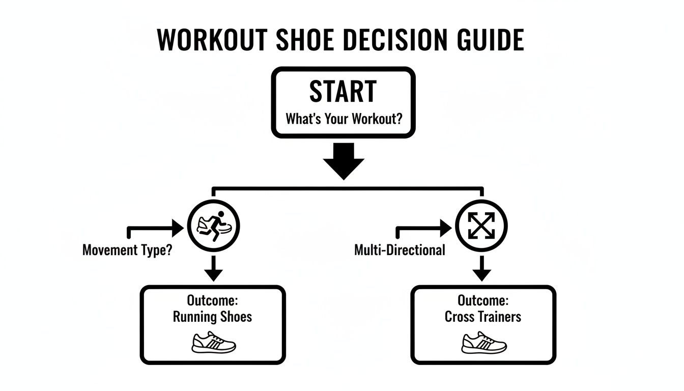 Flowchart guiding workout shoe selection: running shoes for movement type, cross trainers for multi-directional workouts.