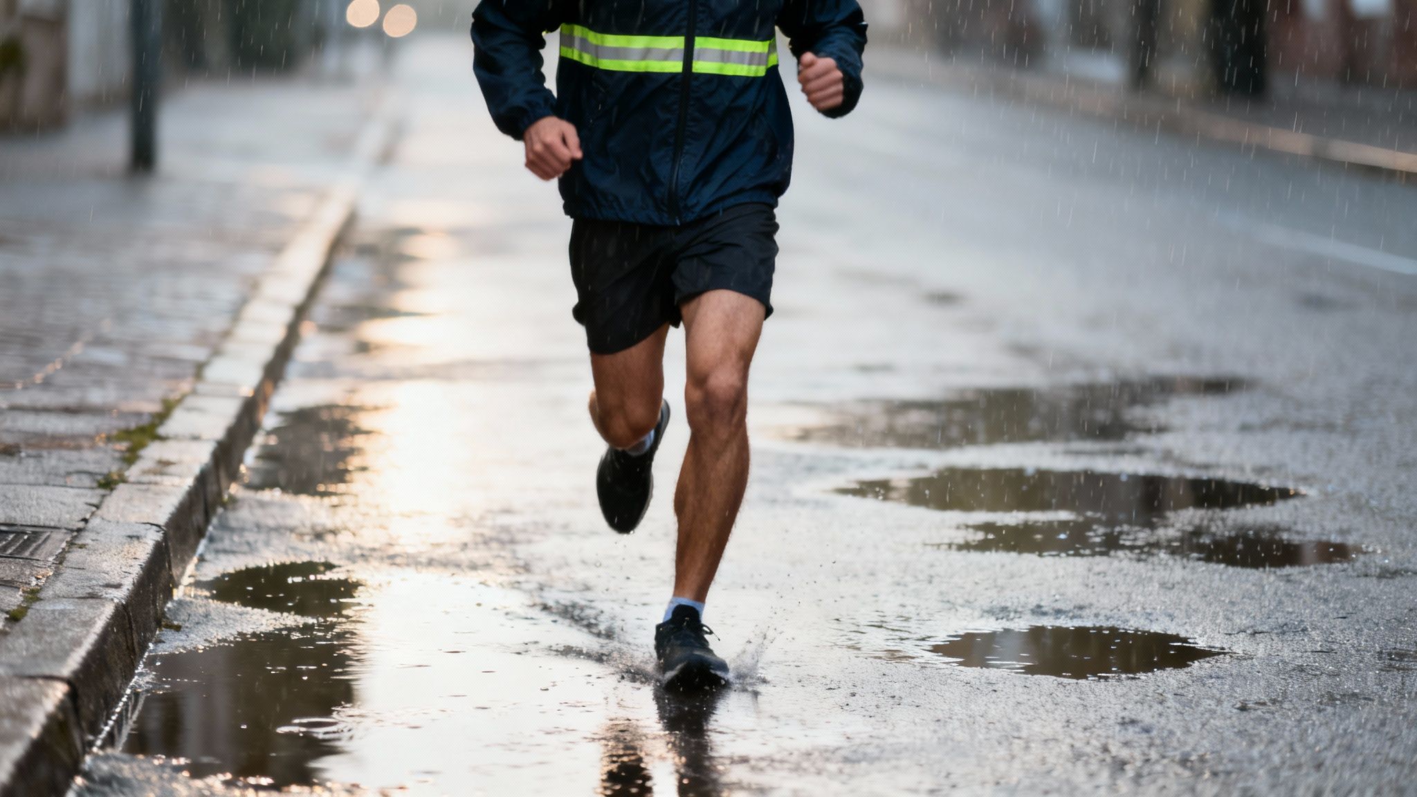 A person in a blue reflective jacket and black shorts runs through puddles on a wet street in the rain.
