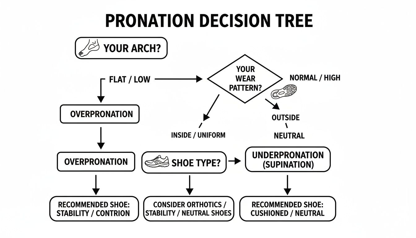 Flowchart illustrating a pronation decision tree, guiding shoe recommendations based on arch type and wear patterns.