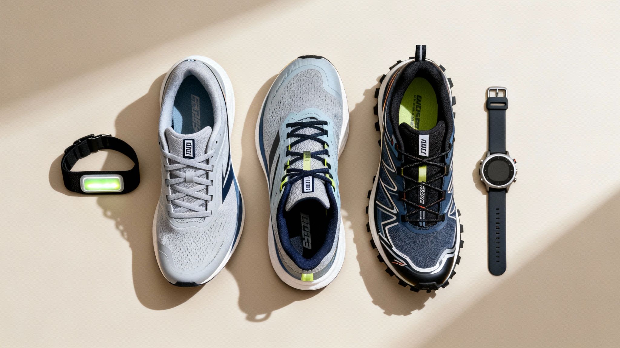 A flat lay of three pairs of running shoes, a safety light band, and a smartwatch.
