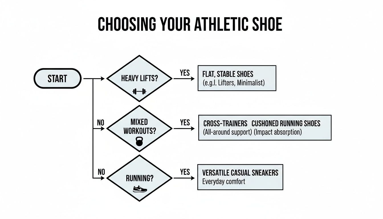 A flowchart guides the selection of athletic shoes based on activities like heavy lifts, mixed workouts, or running.