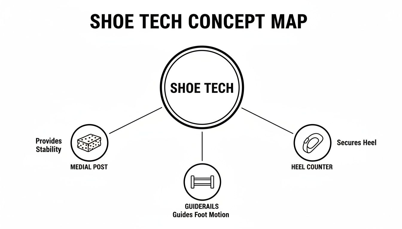 Concept map illustrating shoe technology, including medial post for stability, guiderails for foot motion, and heel counter for securing the heel.