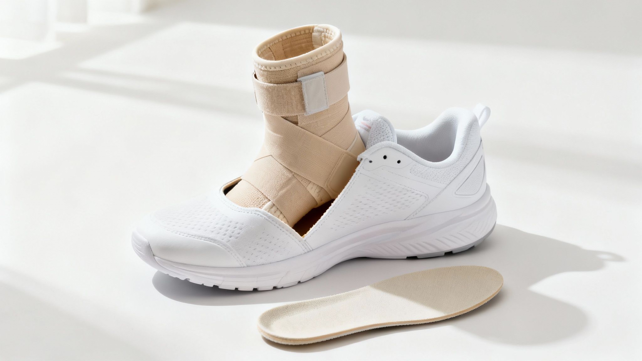 White orthopedic shoe with beige ankle brace and removable insole on a sunlit, white surface. Shadows add depth to the minimalist scene.