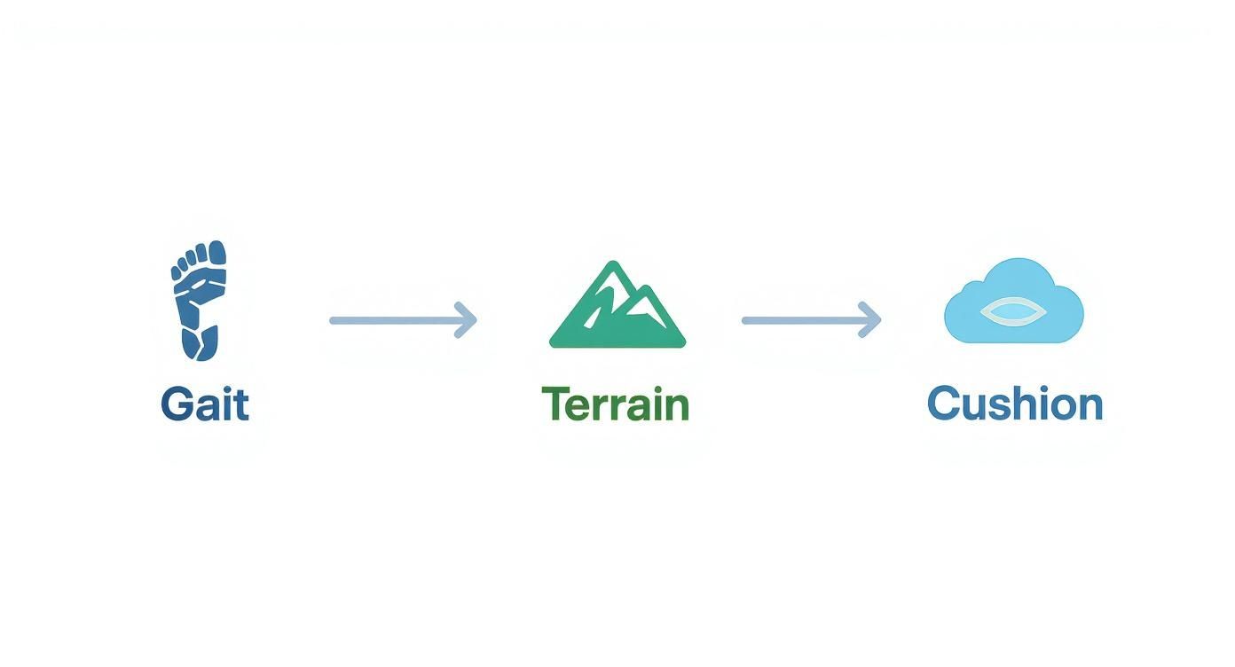 Foot icon labeled "Gait" points to mountain icon "Terrain," leading to cloud icon "Cushion." Blue and green color scheme on white background.