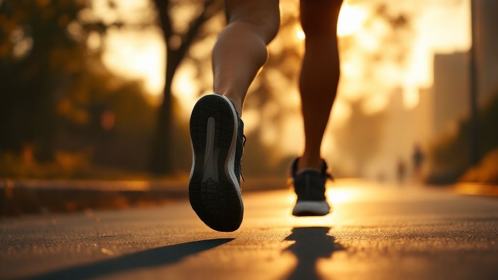 Runner's feet on sunlit road, blurred trees and buildings in background, warm golden light creating a serene, energetic mood.