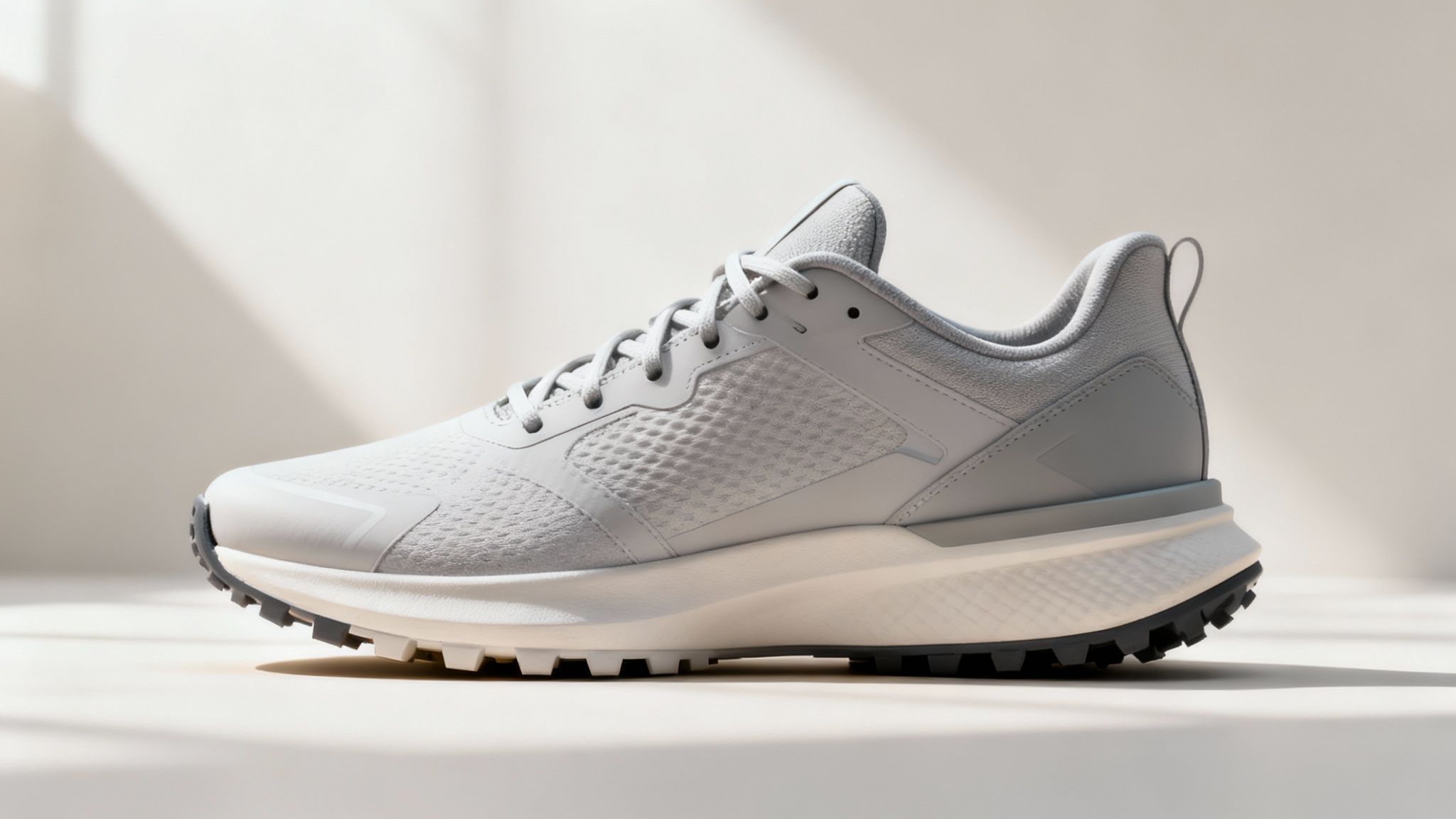 Gray athletic shoe with textured pattern, shown in side view. Soft shadows and bright, neutral background enhance the sleek design.