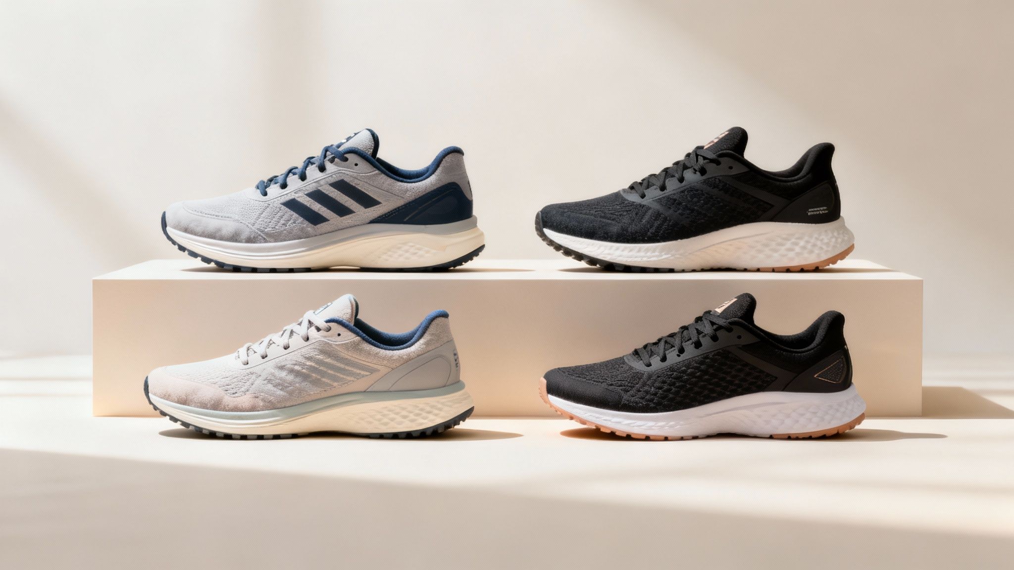 Four athletic running shoes displayed on neutral platform showing different colorways and designs