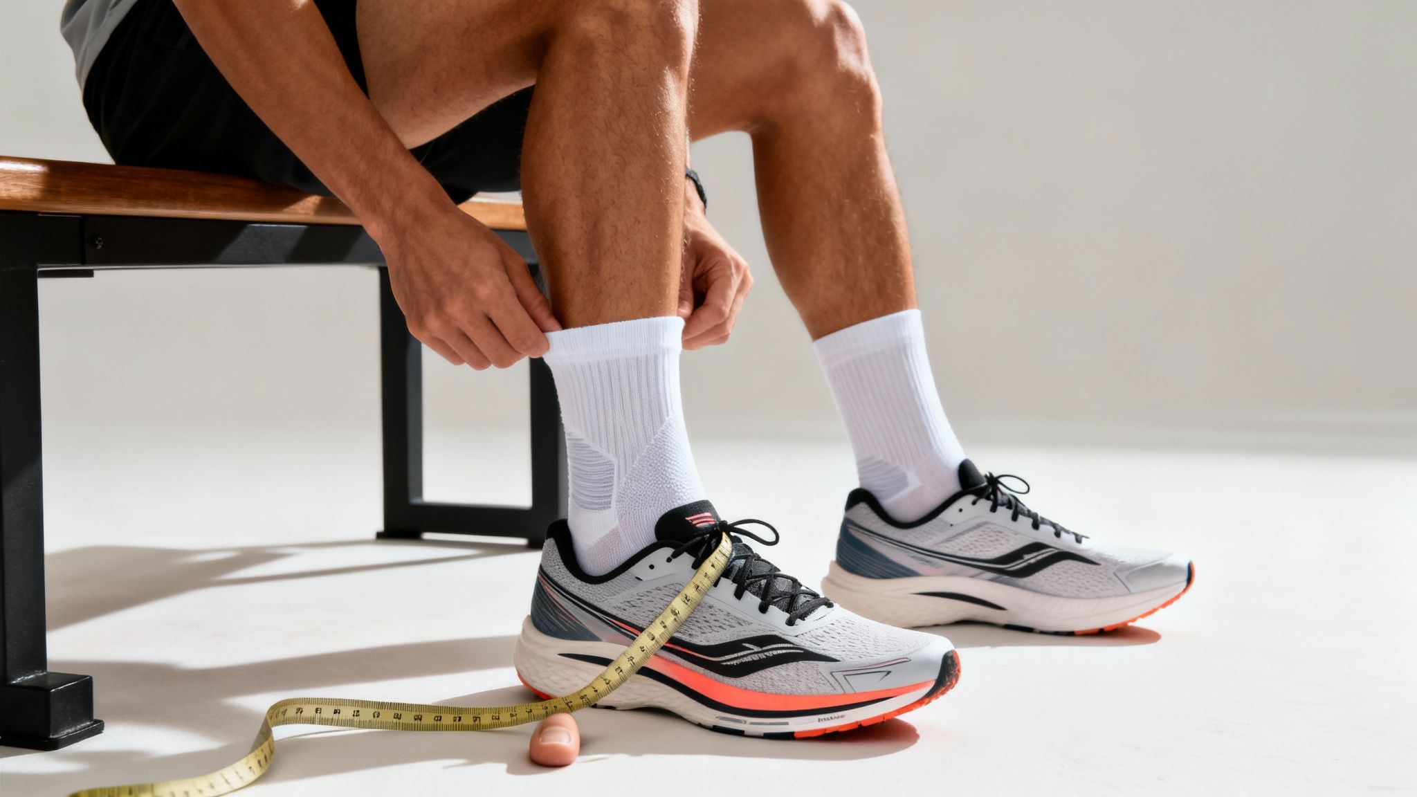 Man adjusting white socks and lacing up gray running shoes, with a measuring tape draped over the shoe.