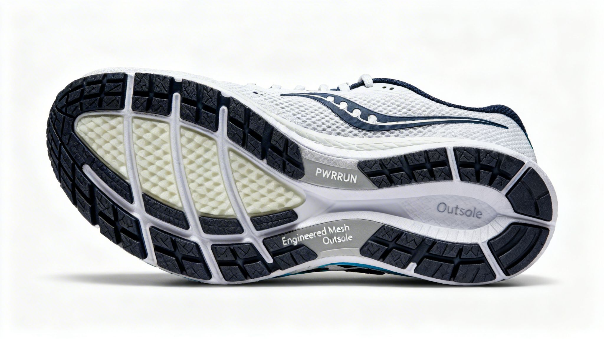Underside of a white and navy Saucony running shoe, showing the PWRRUN midsole and outsole.