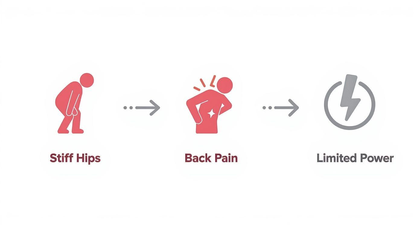 Icons show a progression from "Stiff Hips" to "Back Pain" to "Limited Power,” using red and gray colors with arrows connecting them.