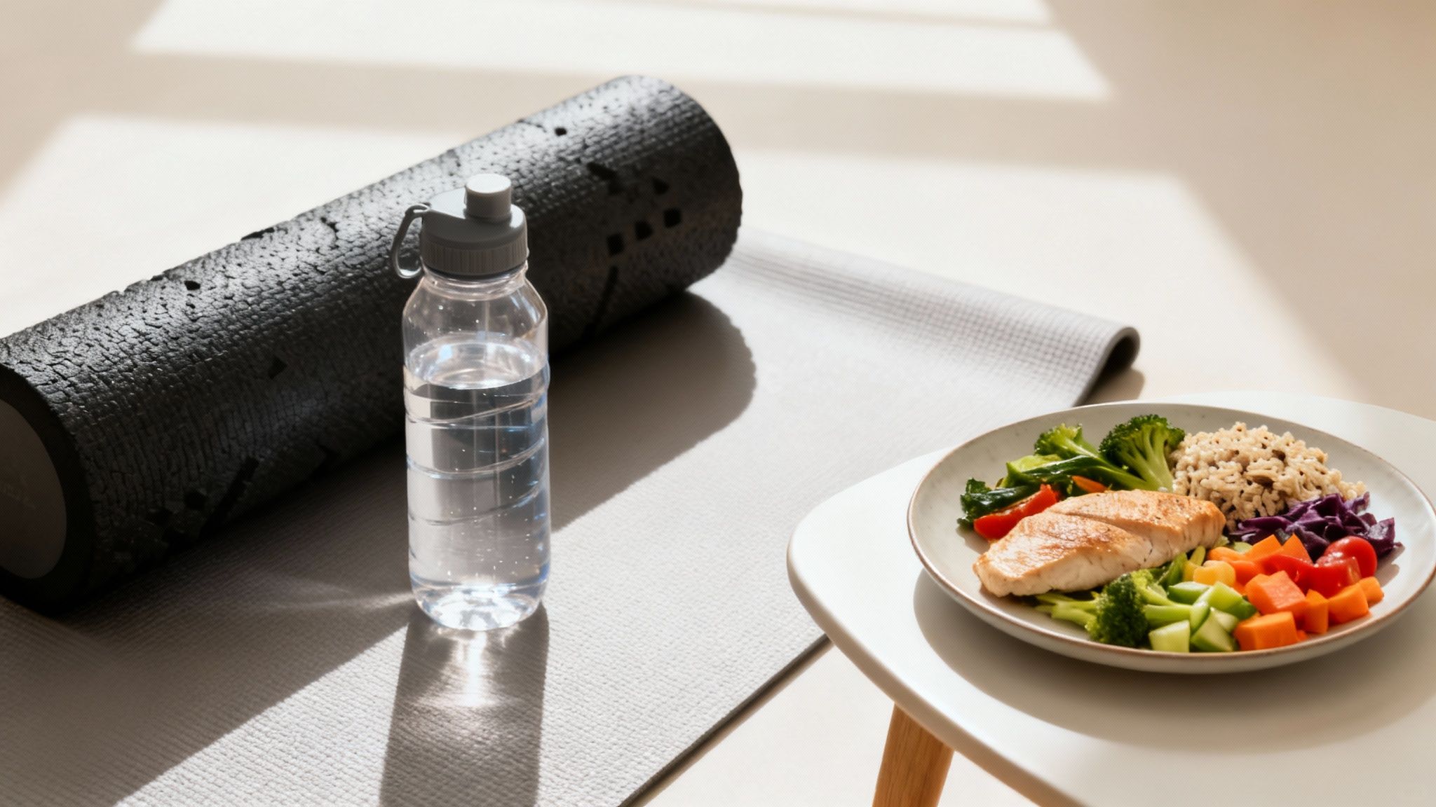 A functional fitness workout setup with a yoga mat, foam roller, water, and healthy meal.