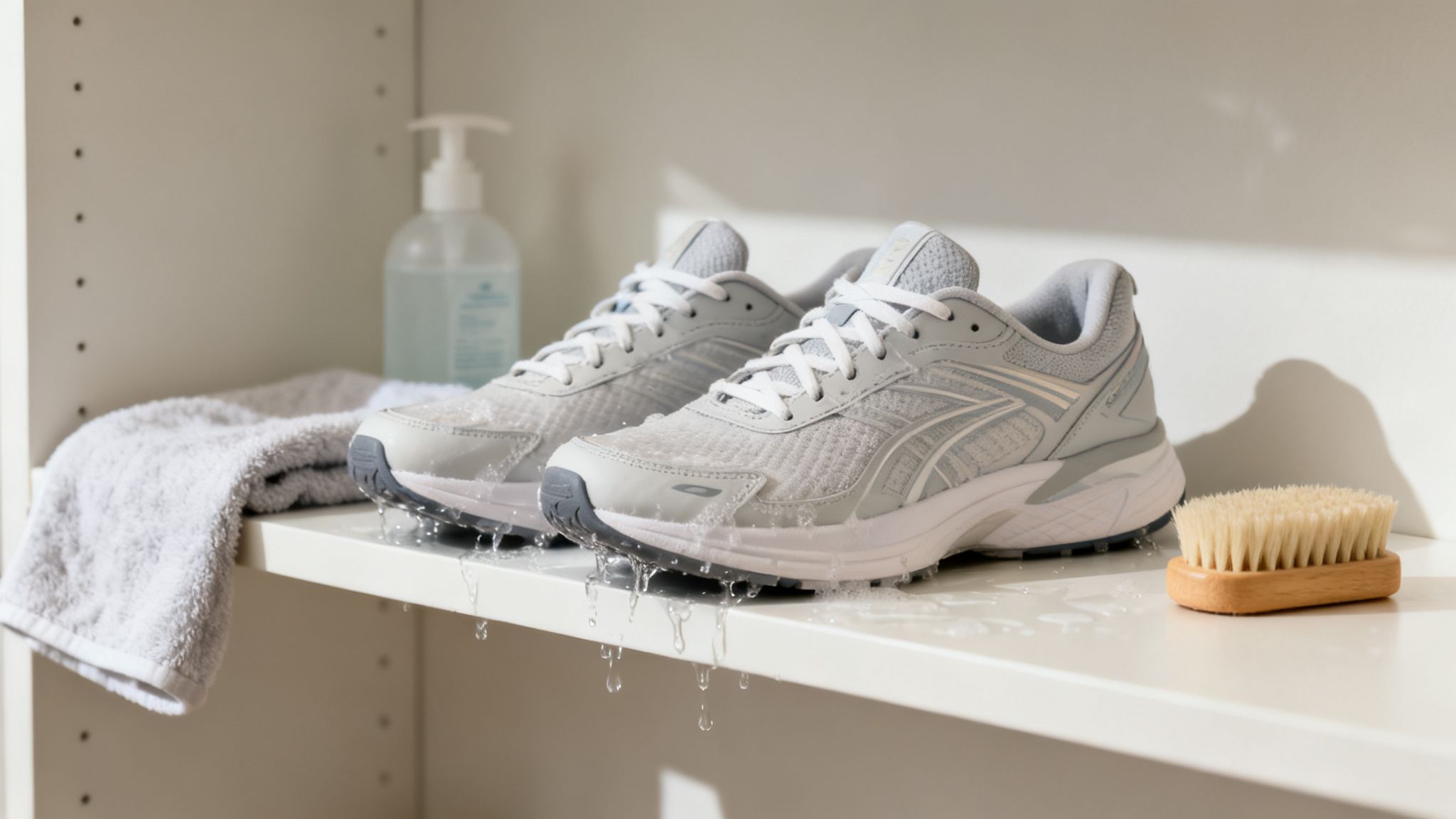 Light grey running shoes dripping water on a white shelf, alongside a towel and brush.