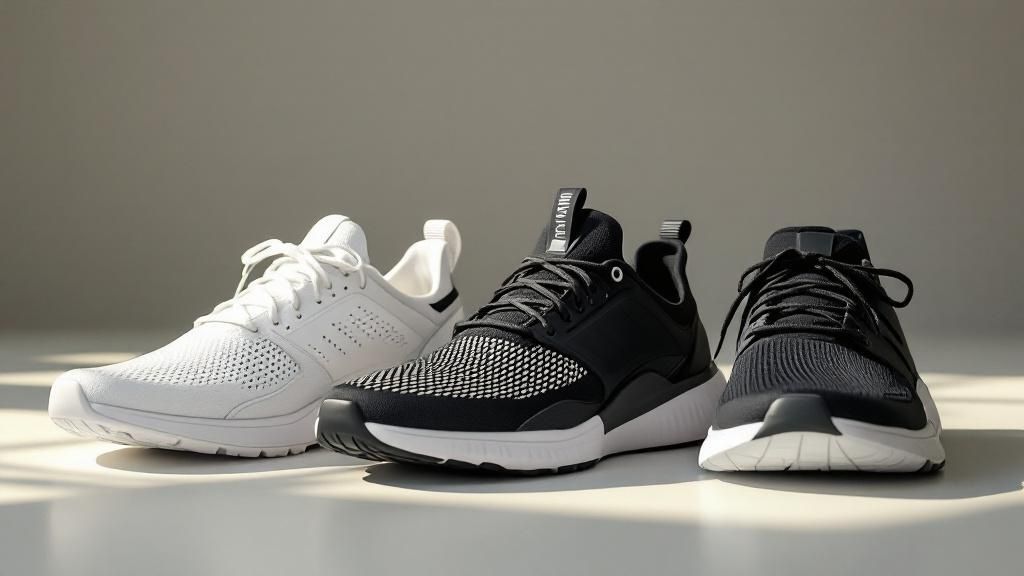 Three sneakers on a light surface: a white, a black with text, and a black-and-white. Soft lighting creates a calm mood.